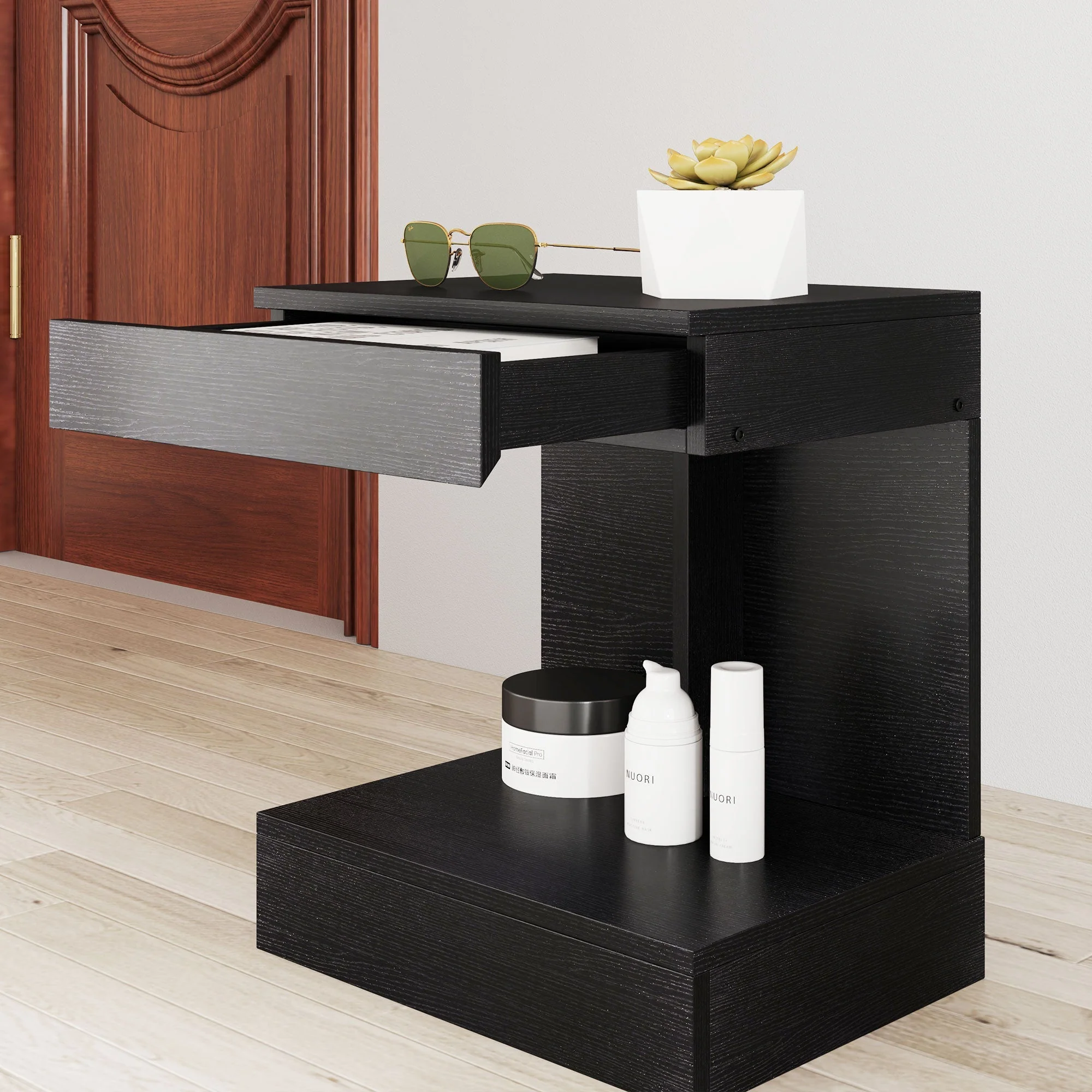 Bedside Table with Drawers, Shelf, 40 x 30 x 46 cm, Black - Image 7