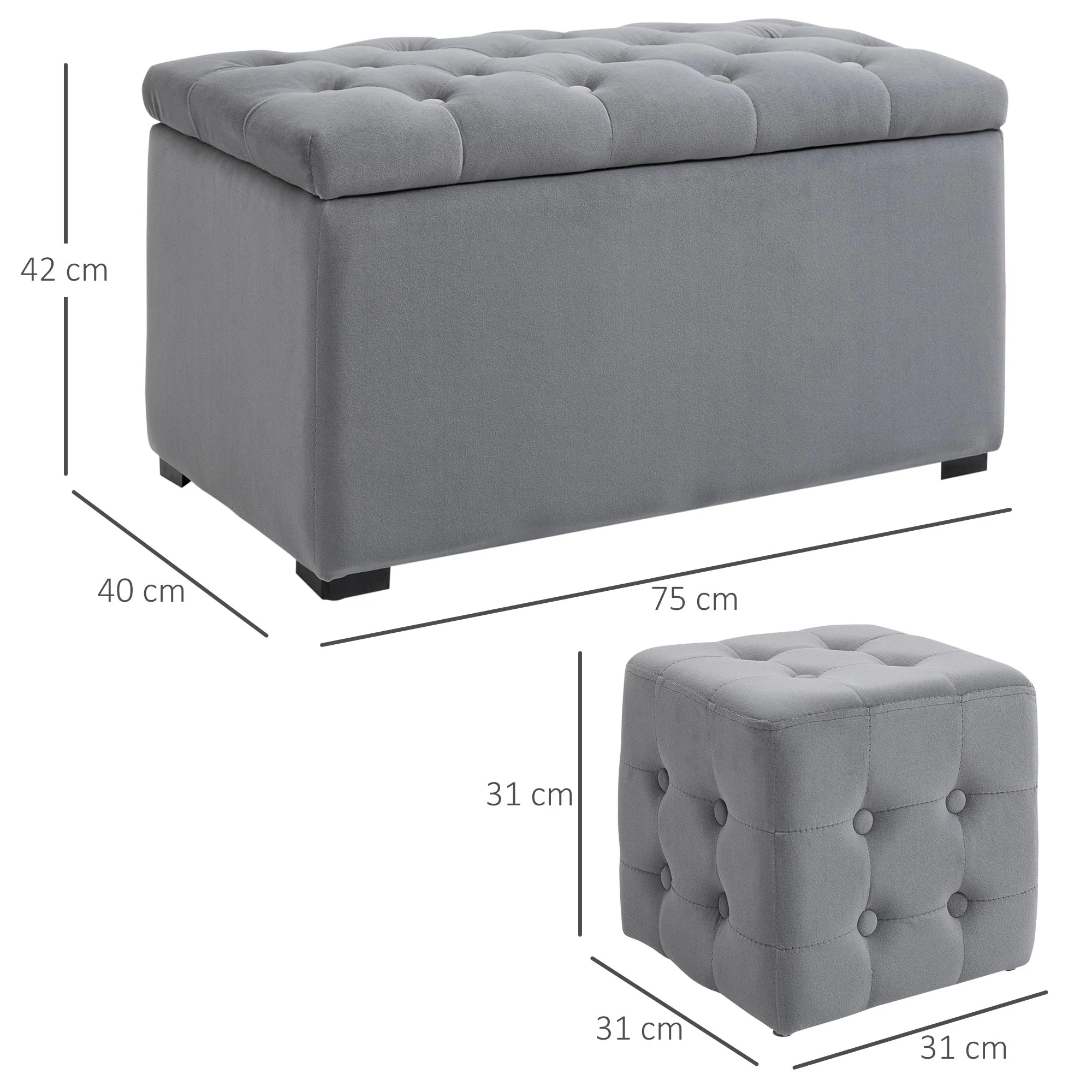 Bench with storage, 2 stools, upholstered, foldable, 130 kg, 75x40x42cm - Image 3