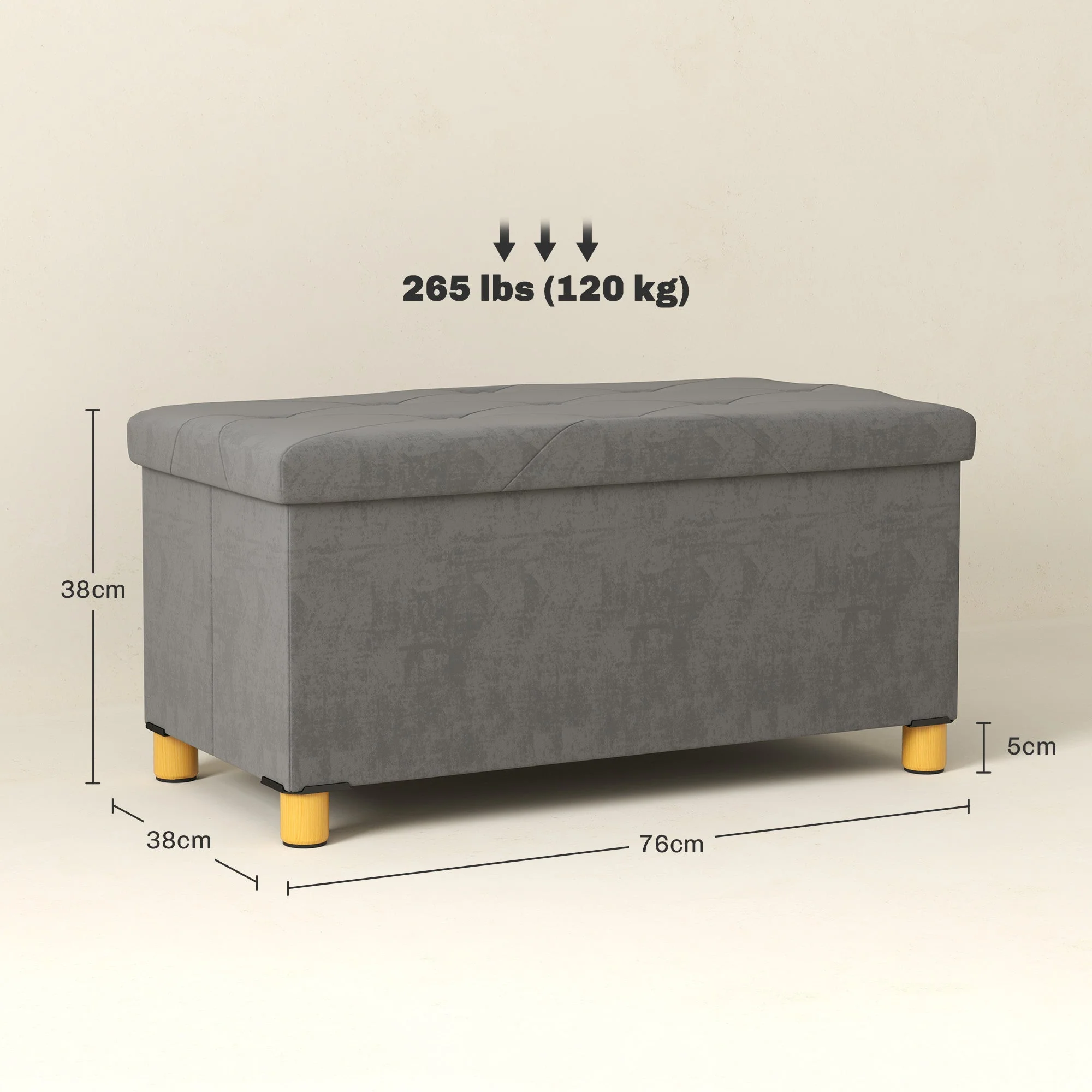 Bench with Storage, Foldable Upholstered, Velvet Look, Gray - Image 3