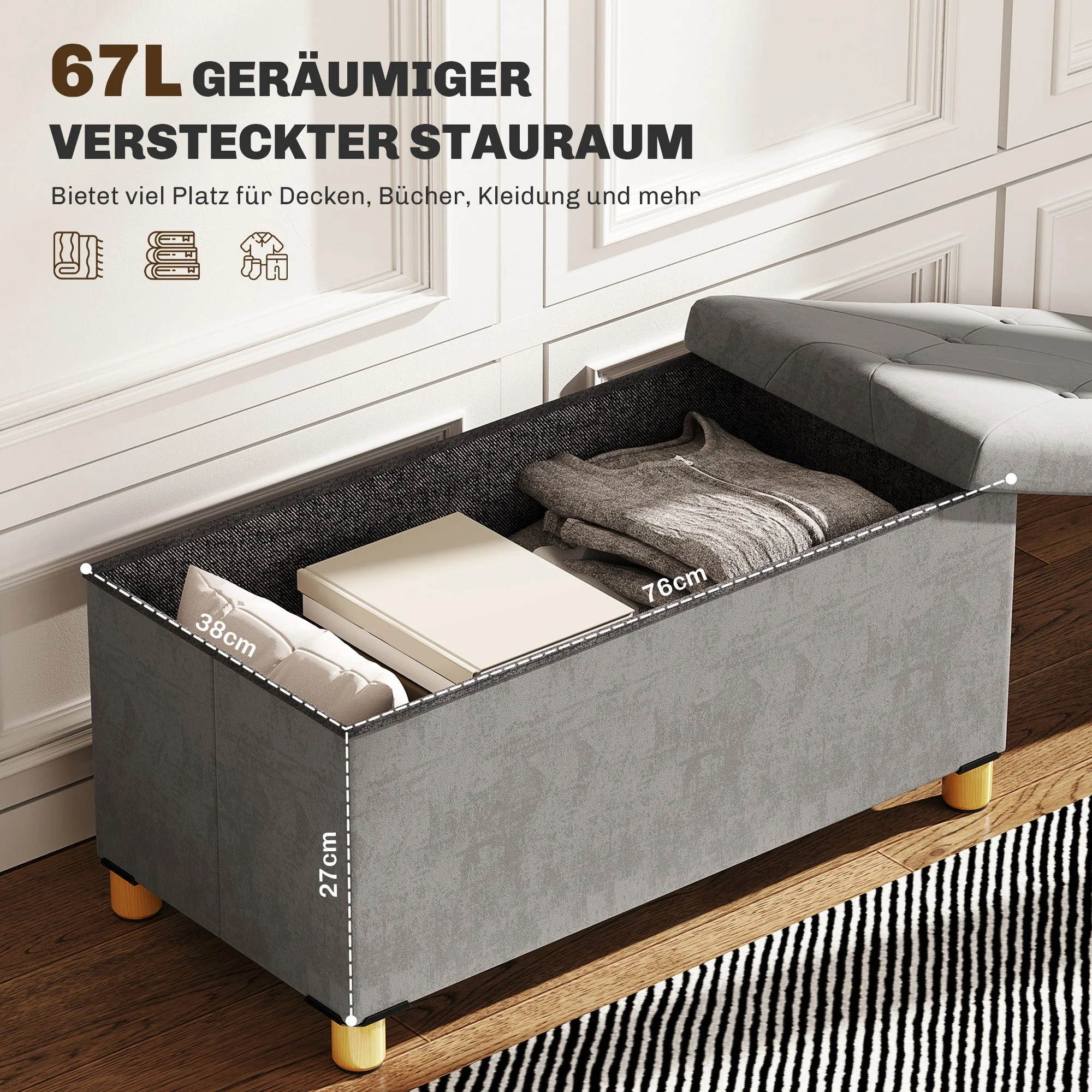 Bench with Storage, Foldable Upholstered, Velvet Look, Gray - Image 4