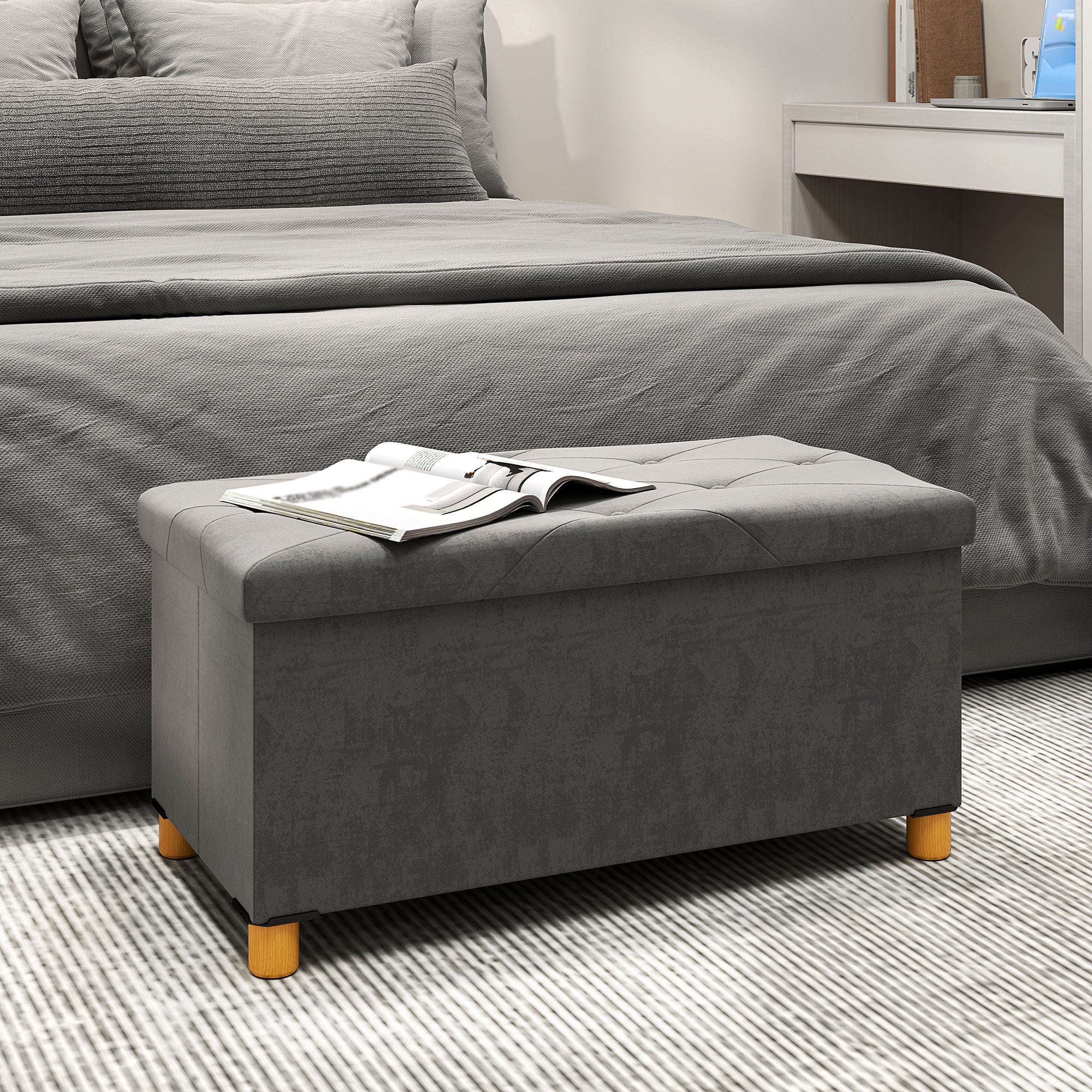 Bench with Storage, Foldable Upholstered, Velvet Look, Gray - Image 7