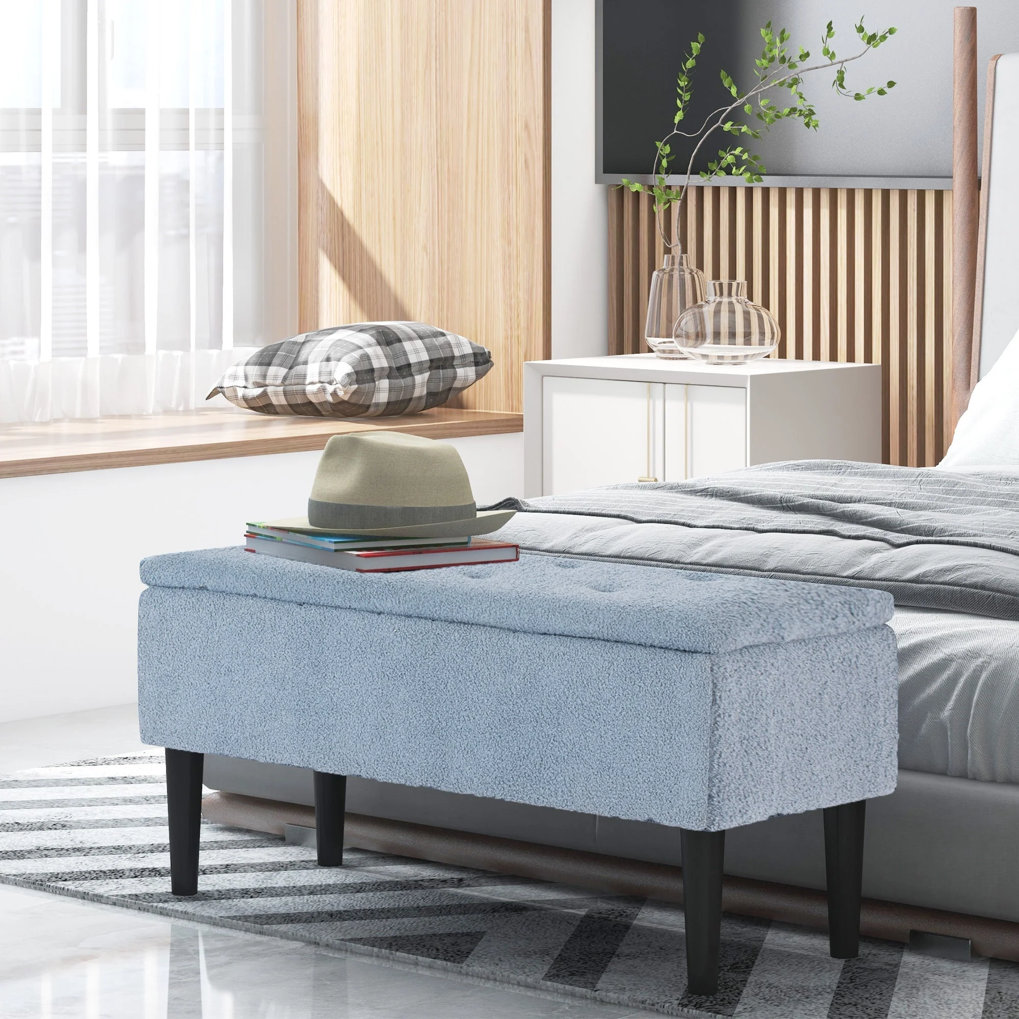 bench with storage space, upholstered, folding lid, blue
