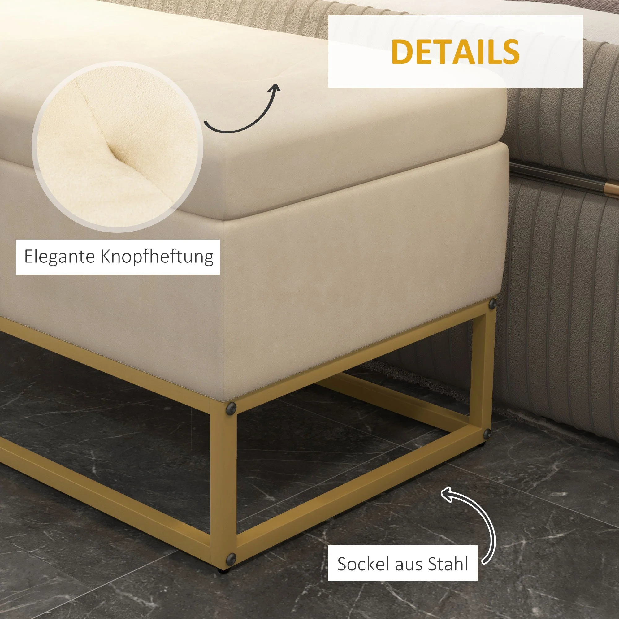 Bench with Storage, Upholstered, Folding Lid, Velvet Beige - Image 8