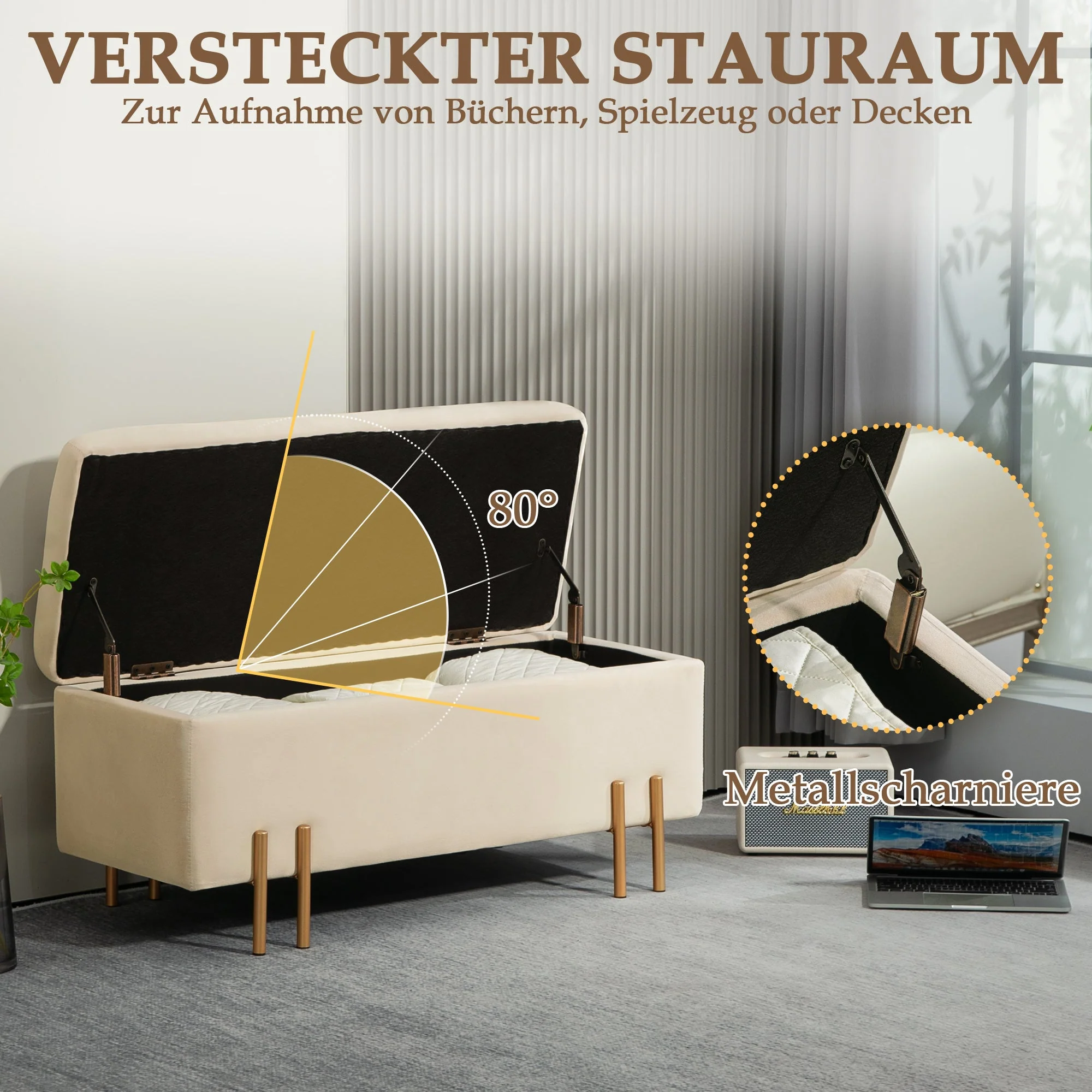 Bench with storage, upholstered velvet, wooden legs, 100 x 40 x 42 cm, beige - Image 5