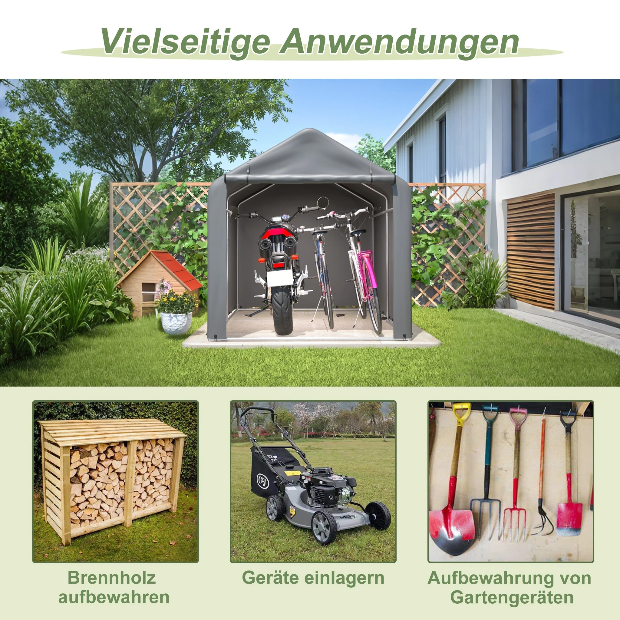 Bicycle Garage / Tool Shed 160x220x165 cm with Roller Shutter, Waterproof PE, Grey - Image 9