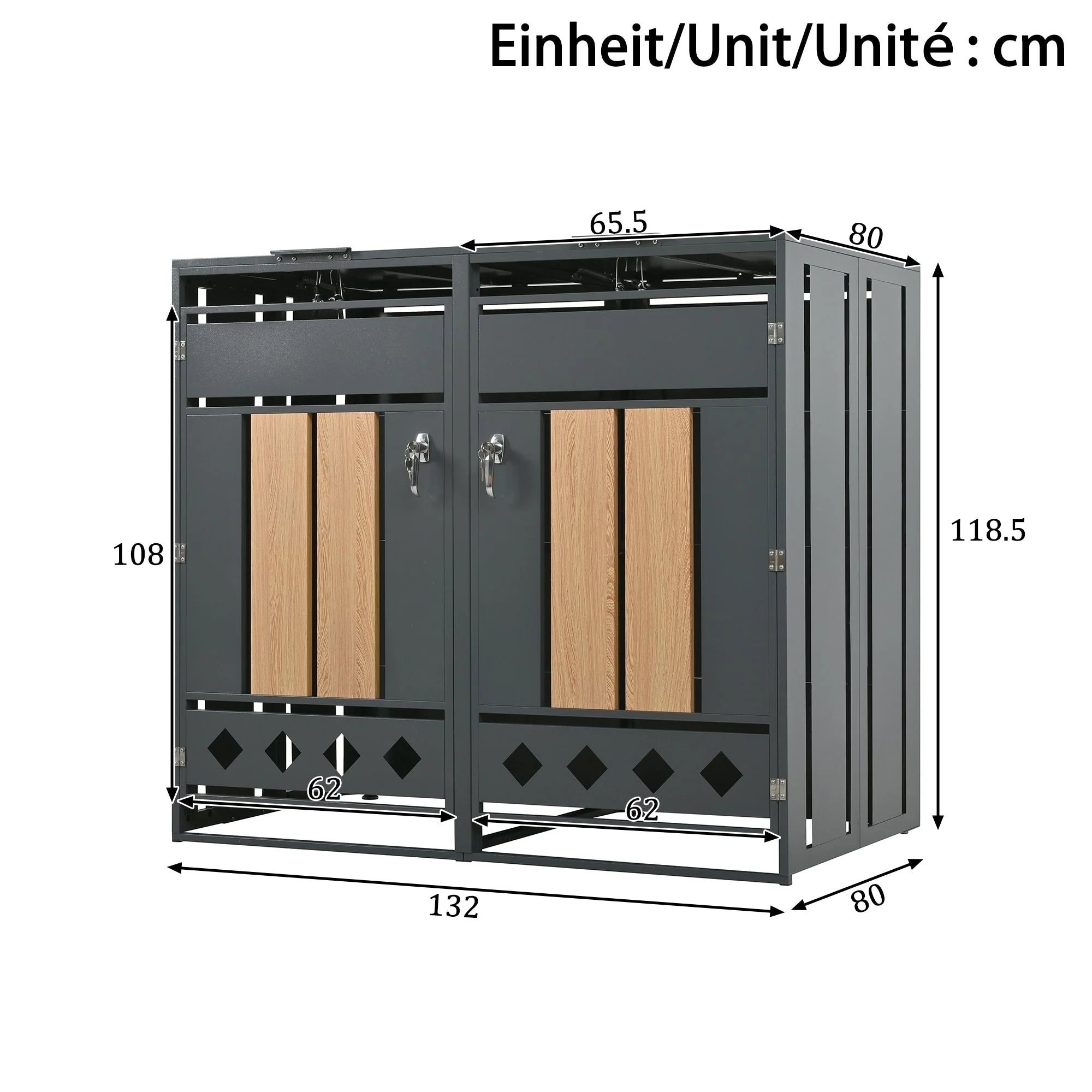 Bin Storage Box with Hinged Lid and Lockable Two Doors, Vertical Wood Grain - Image 4