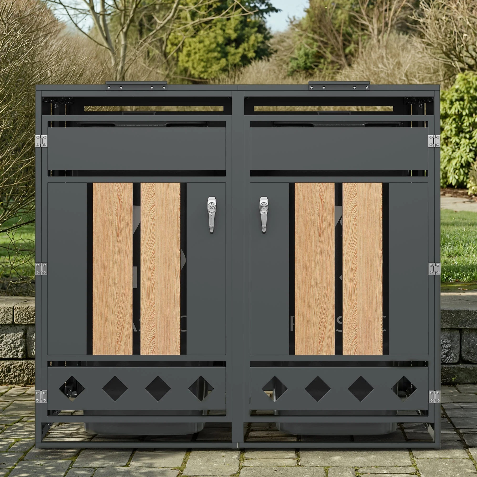 Bin Storage Box with Hinged Lid and Lockable Two Doors, Vertical Wood Grain - Image 7