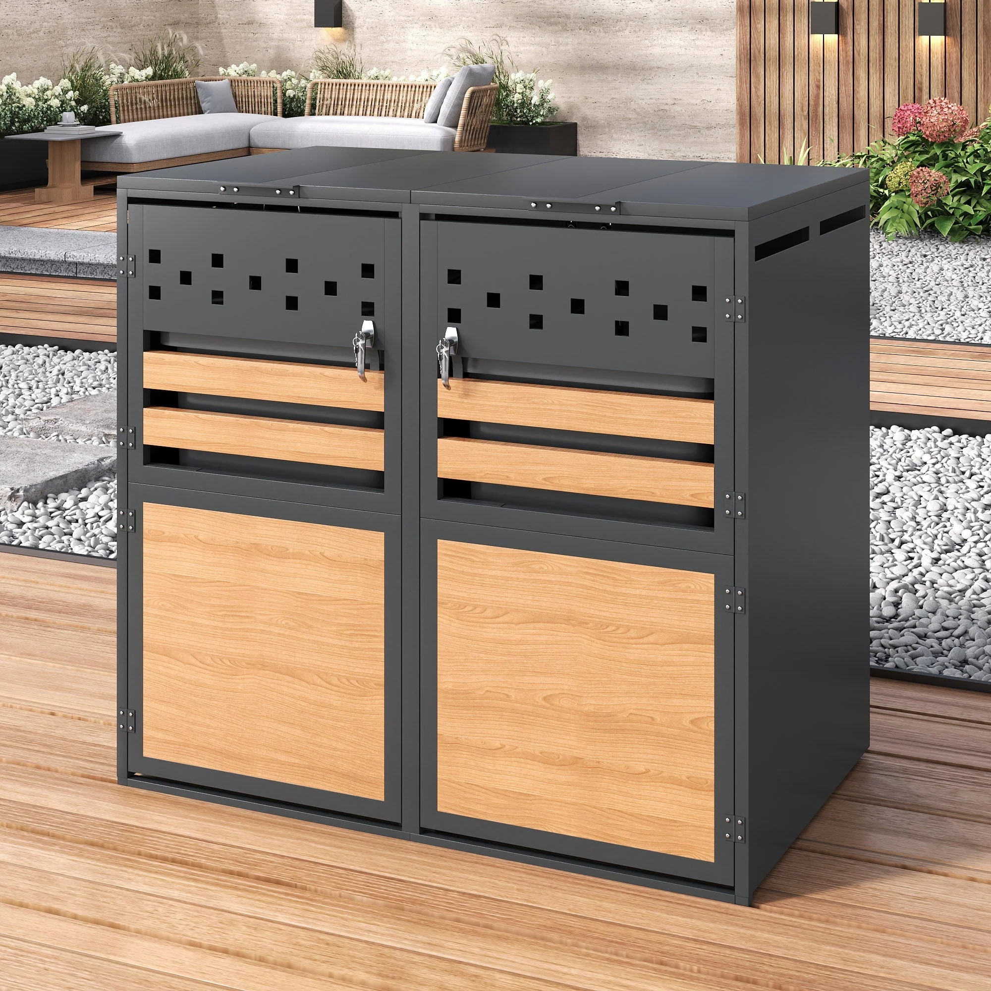 Bin Storage Box with Hinged Lid, Lockable Two Doors and Diamond Cutouts, Wood Grain Panels - Image 7
