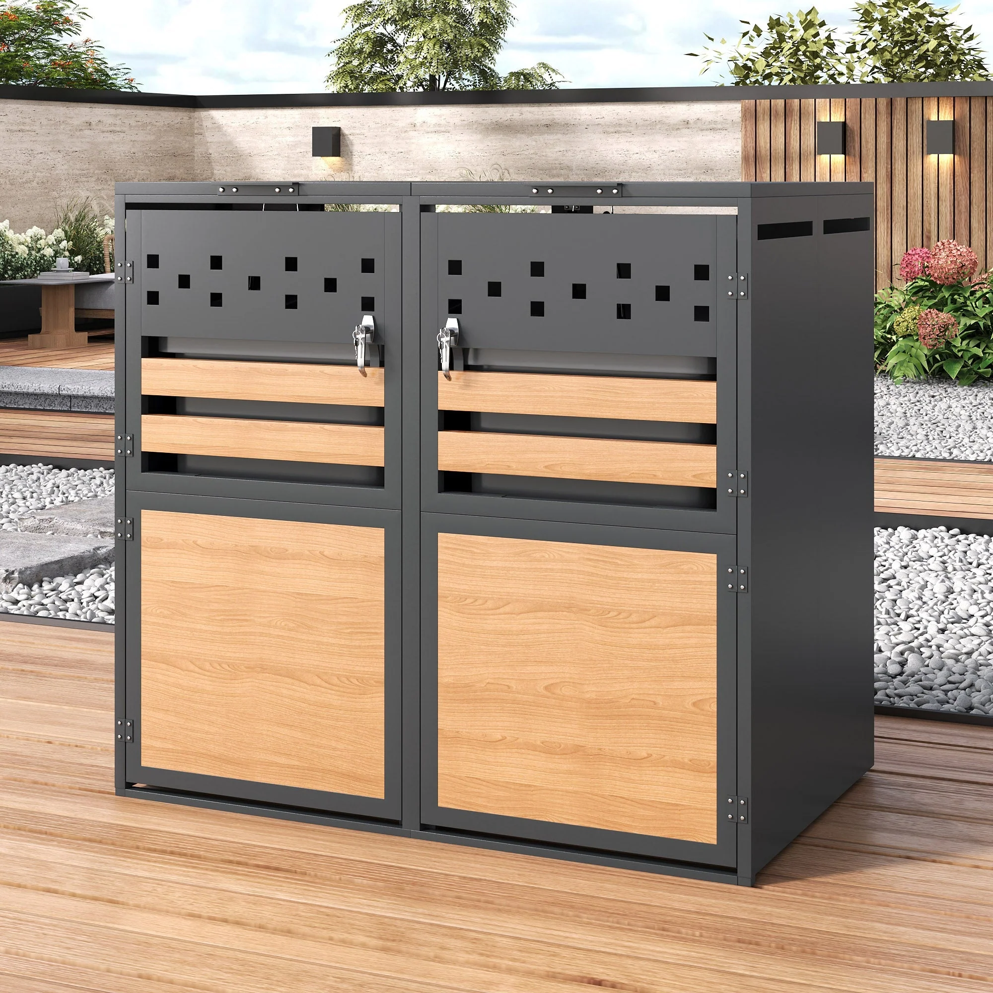 Bin Storage Box with Hinged Lid, Lockable Two Doors and Diamond Cutouts, Wood Grain Panels - Image 9