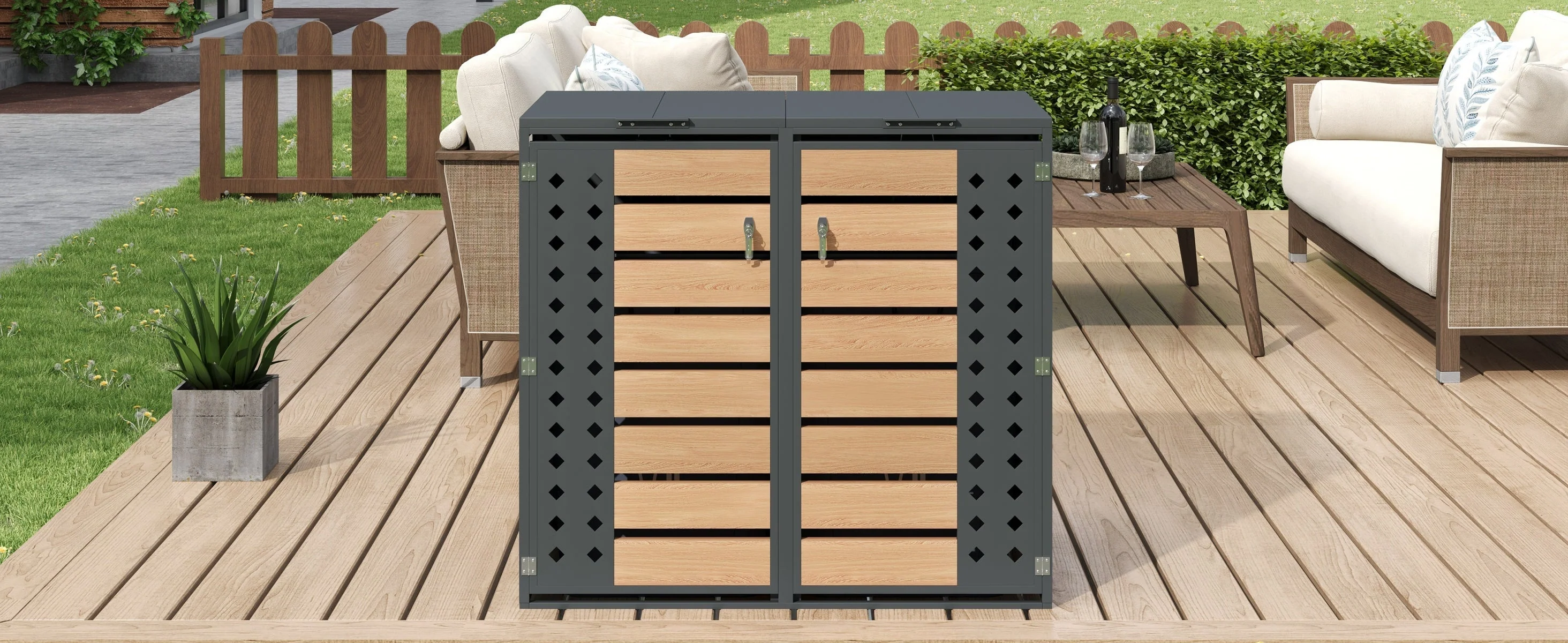 Bin Storage Box with Hinged Lid, Lockable Two Doors and Diamond-Hollow Door Panel - Image 7