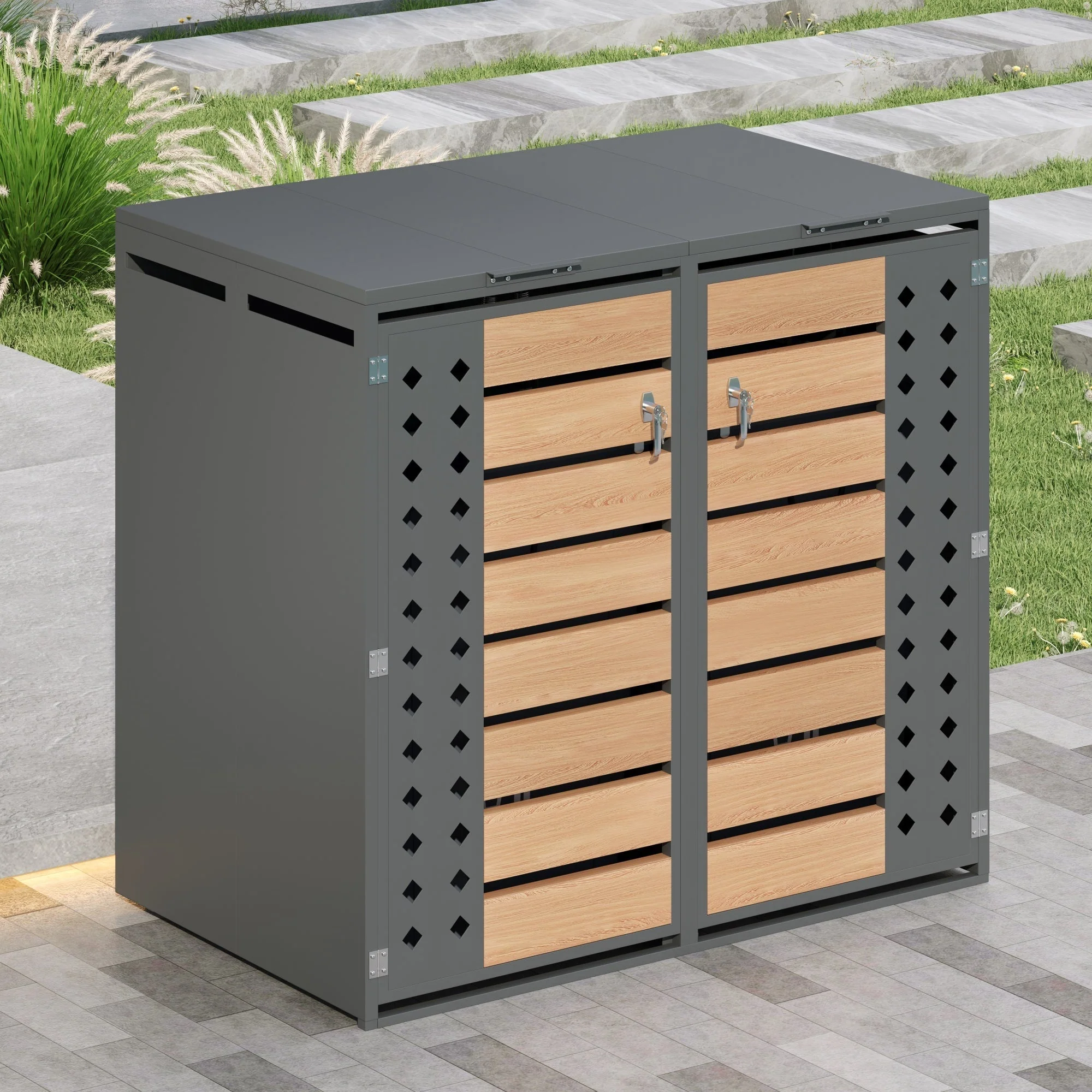 Bin Storage Box with Hinged Lid, Lockable Two Doors and Diamond-Hollow Door Panel - Image 9