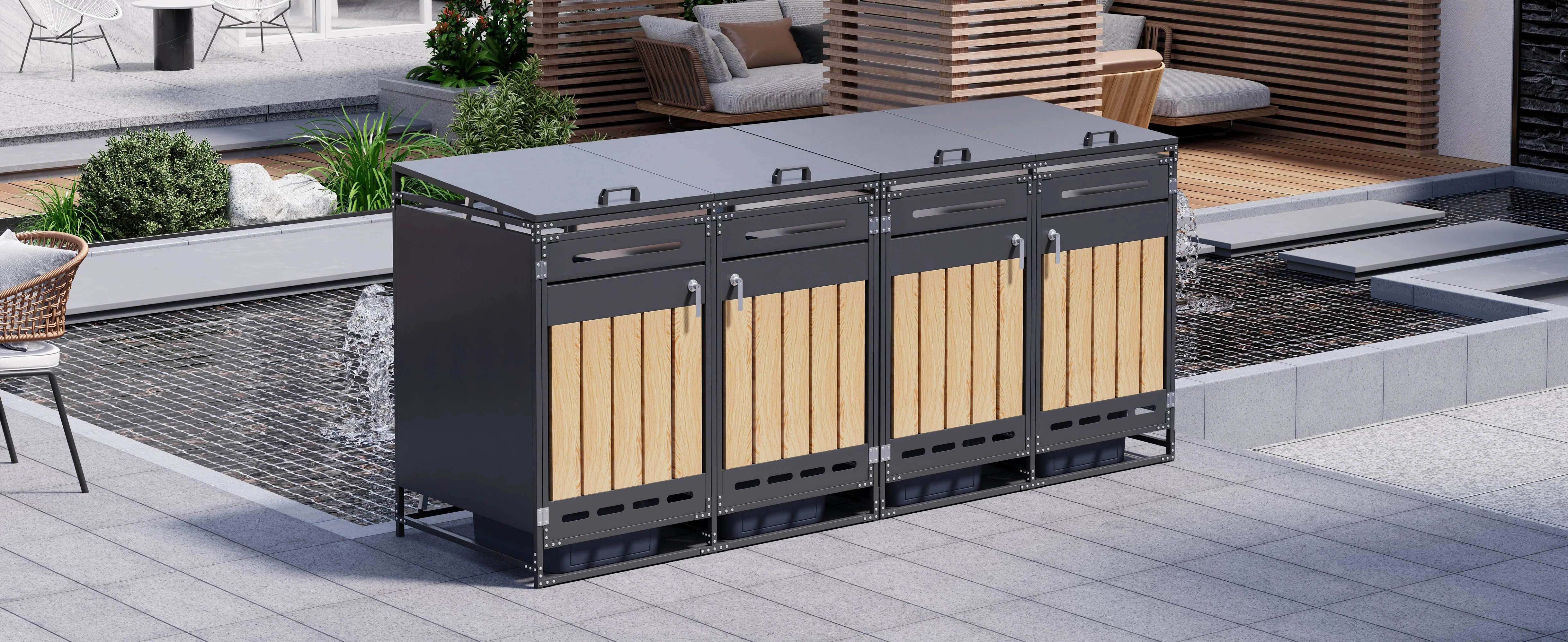 Bin Storage Cabinet, Set of 4 with Hydraulic Lids and Vertical Cladding, Iron Wood-Look - Image 6