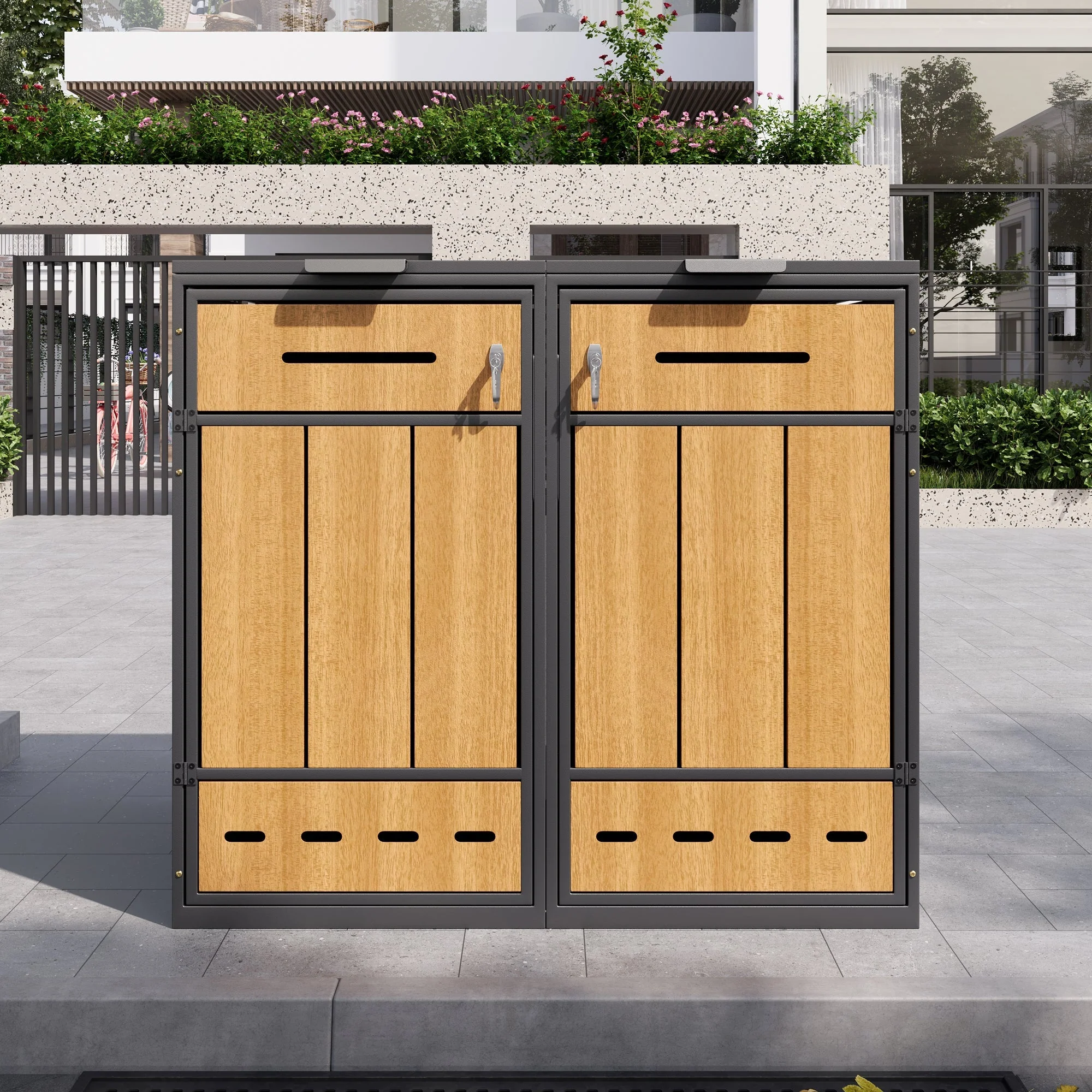 Bin Storage Unit, 120-240 Litre Capacity, Double Door, Lockable with Ventilation, Galvanized Steel - Image 3