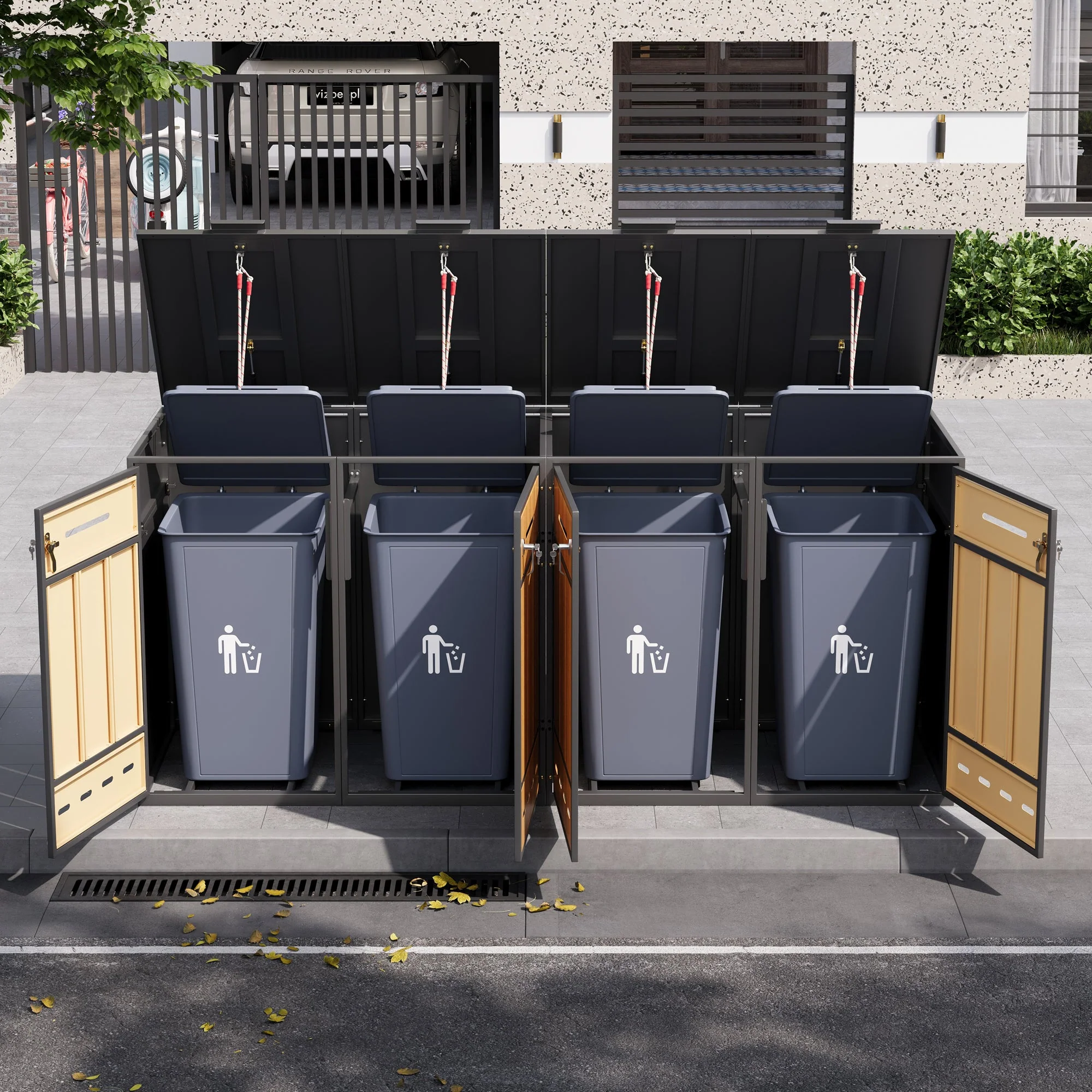 Bin Storage Unit for 4 Trash Cans, Lockable with Ventilation, Steel - Image 2