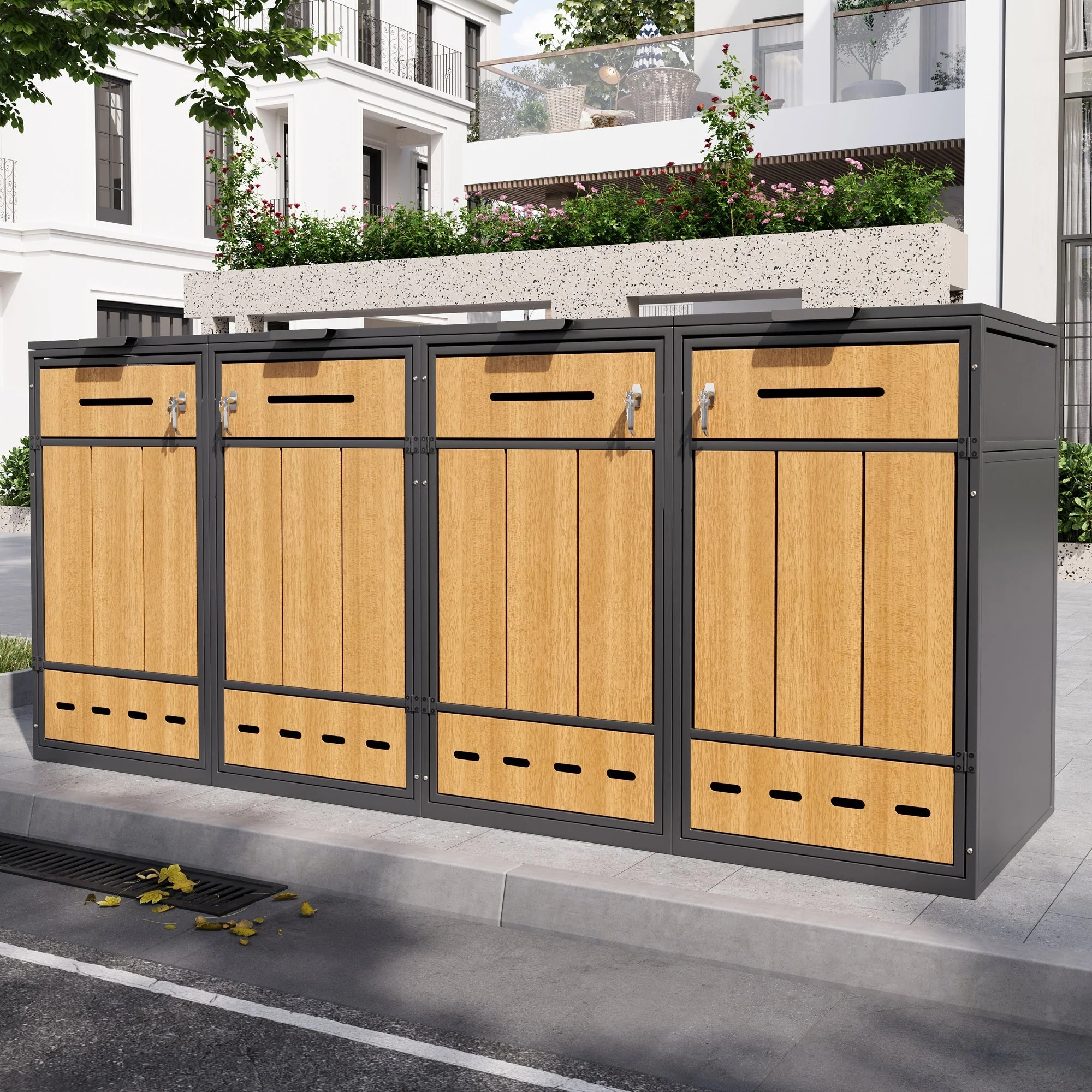 Bin Storage Unit for 4 Trash Cans, Lockable with Ventilation, Steel - Image 4