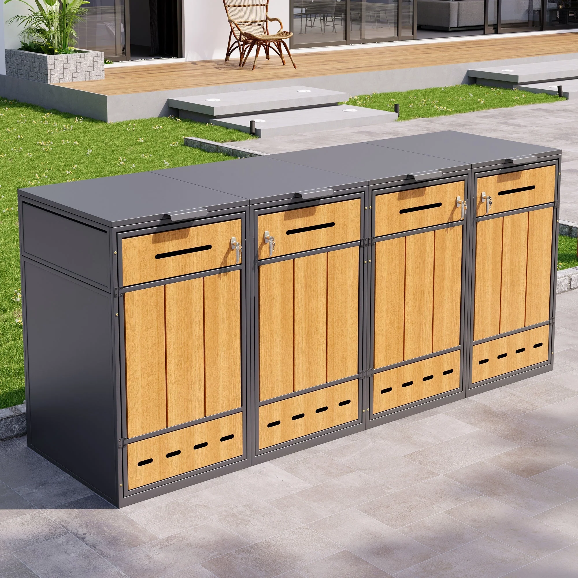 Bin Storage Unit for 4 Trash Cans, Lockable with Ventilation, Steel - Image 7