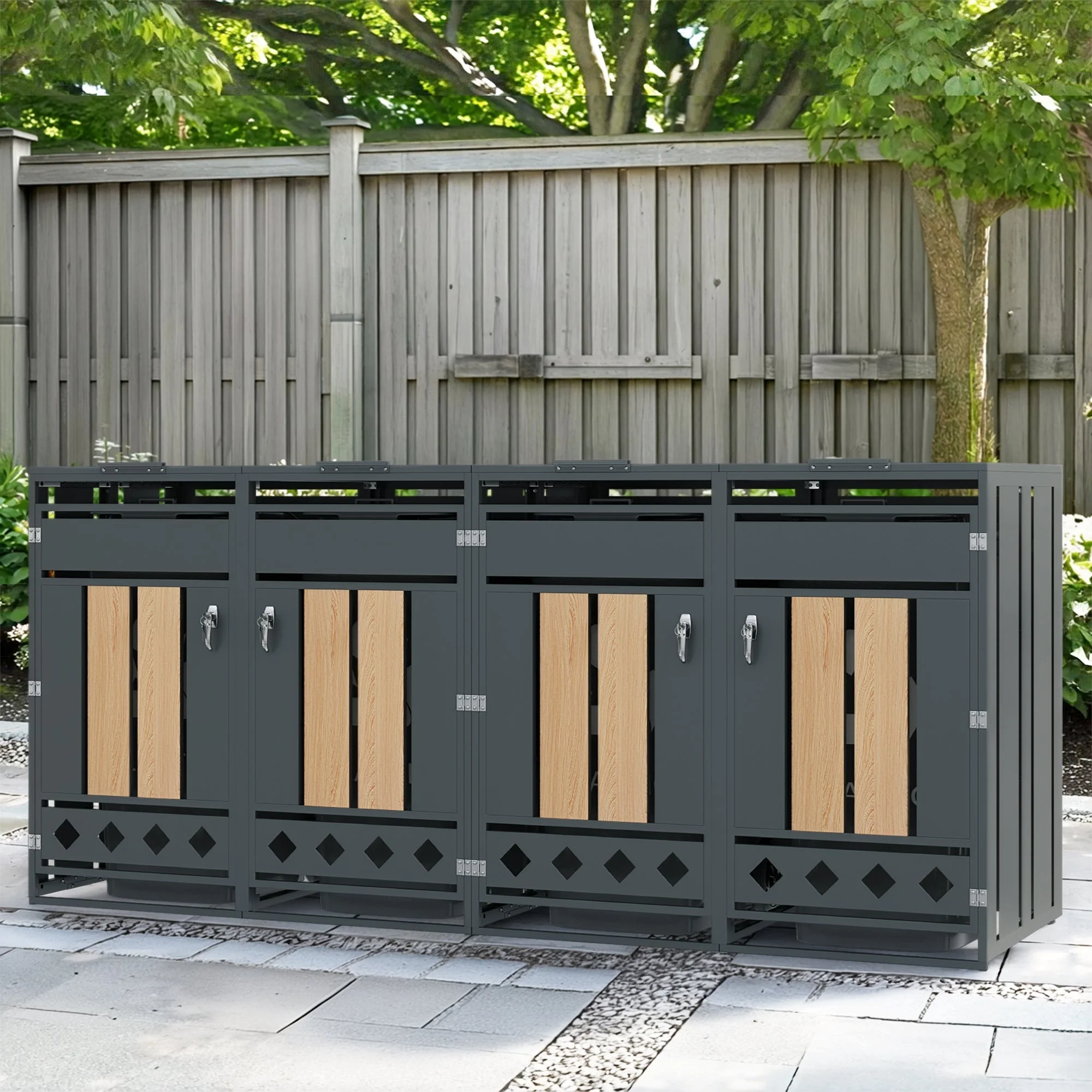 Bin Storage Unit with Hinged Lid, Lockable and 4 Doors, Wood Grain - Image 2