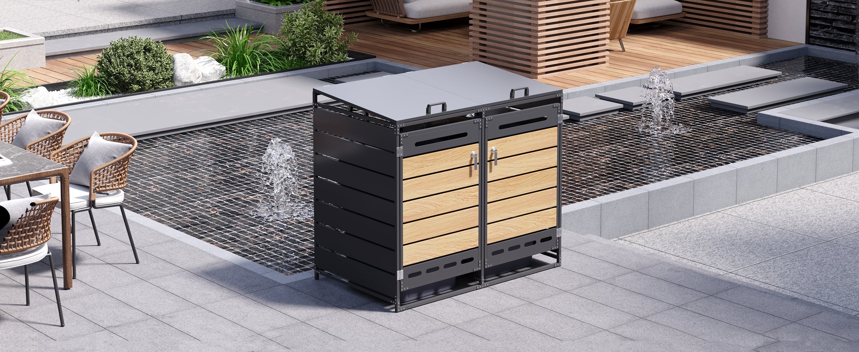 Bin Storage Unit with Hydraulic Lid and Slotted Ventilation, Iron with Wood-Look Cladding - Image 6