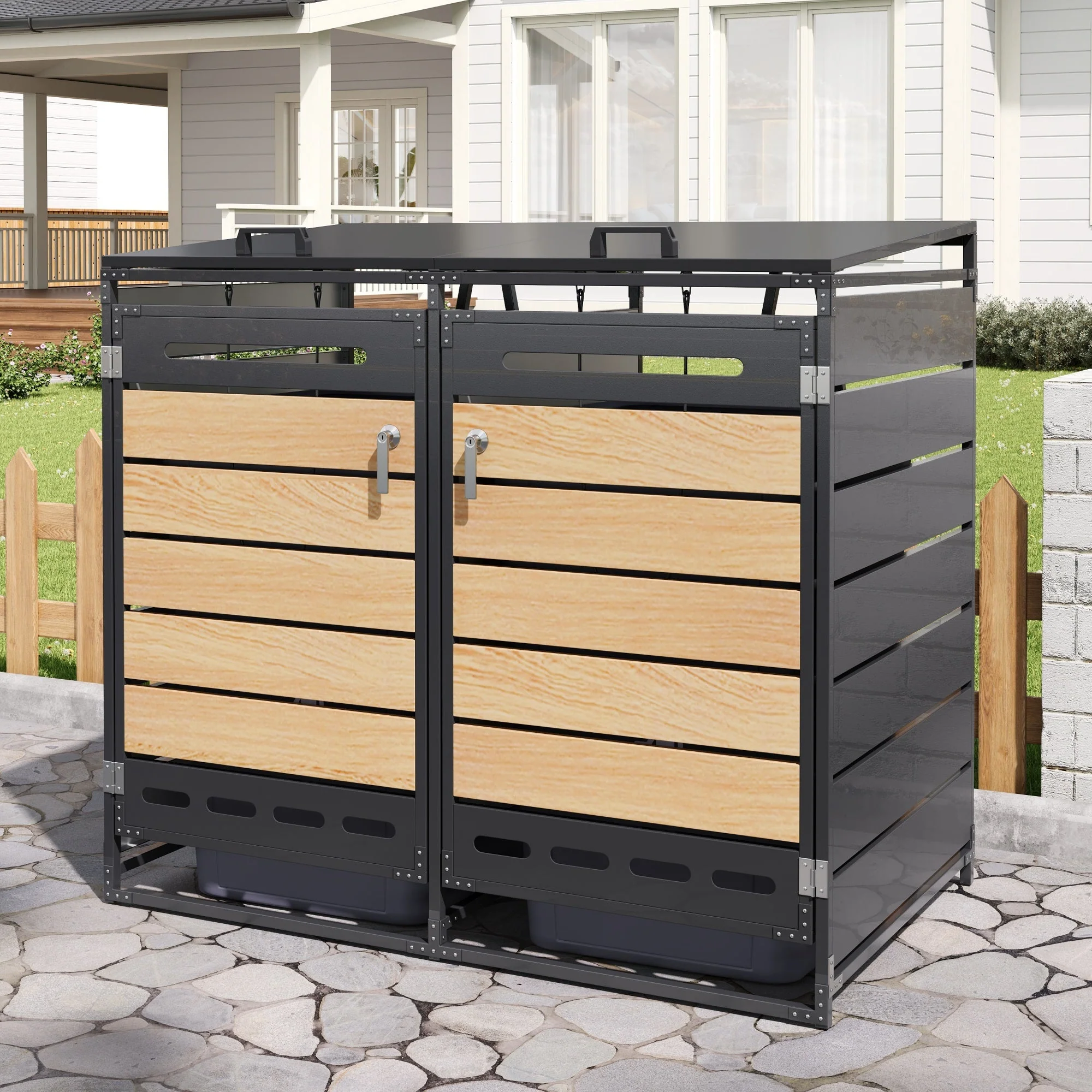 Bin Storage Unit with Hydraulic Lid and Slotted Ventilation, Iron with Wood-Look Cladding - Image 8