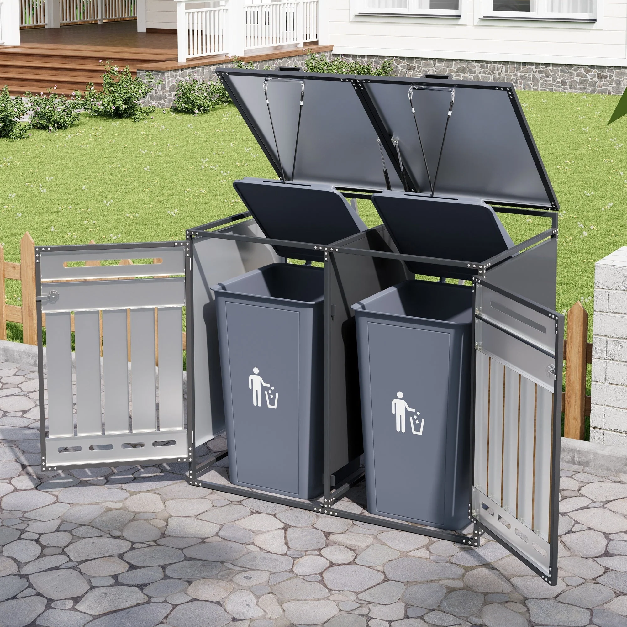 Bin Storage Unit with Hydraulic Lid, Slotted Ventilation and Lock, Iron Wood-Look Cladding - Image 8