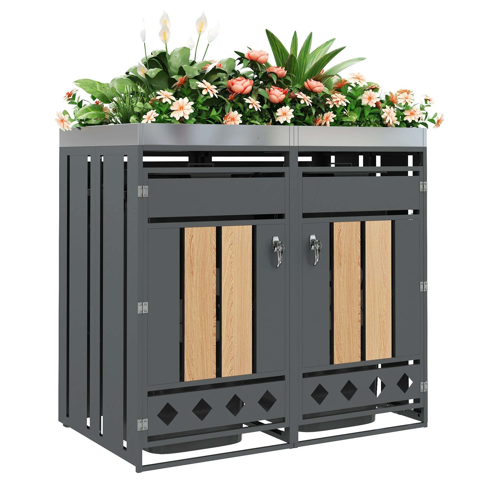 Bin Storage Unit with Planting Area, Lockable Two Doors and Hollow Base, Wood Grain Wood - Image 2