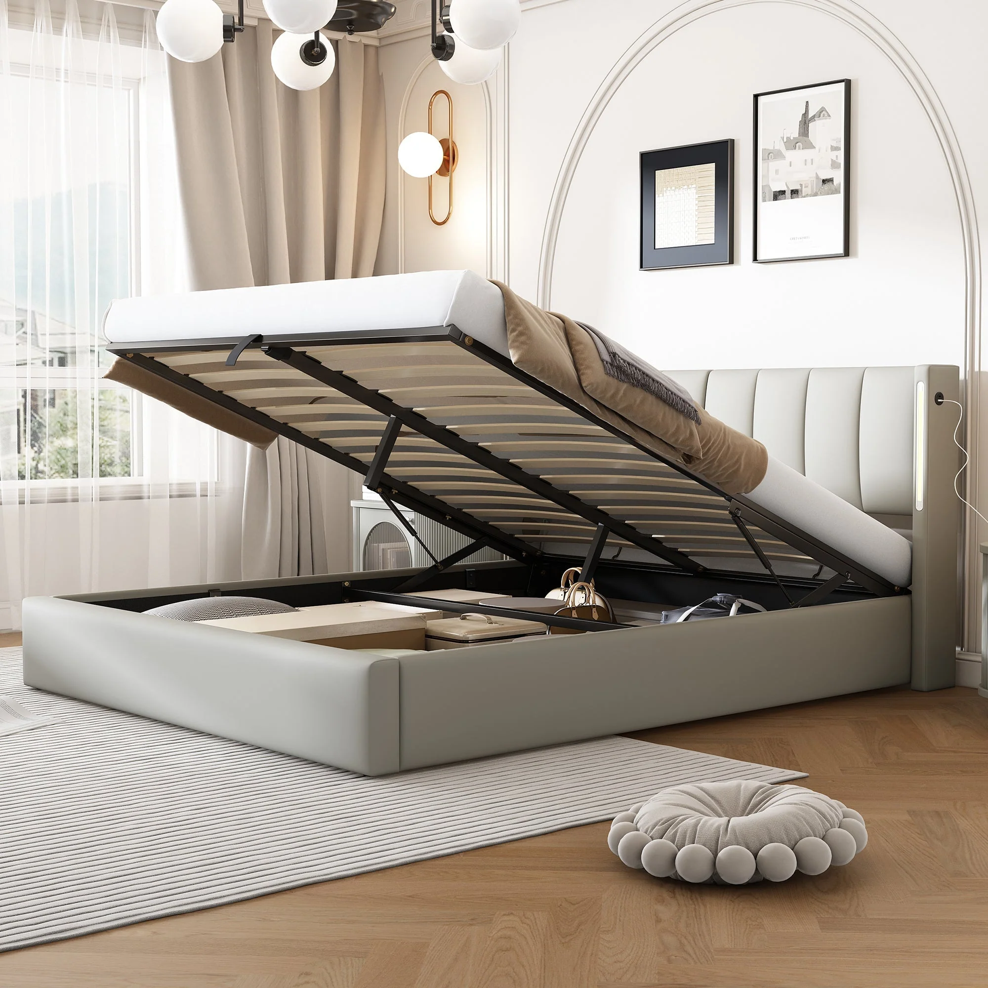 Binaural LED Upholstered Bed with Hydraulic Storage, USB Port and Adjustable Headboard, 180x200cm, Grey PU - Image 5