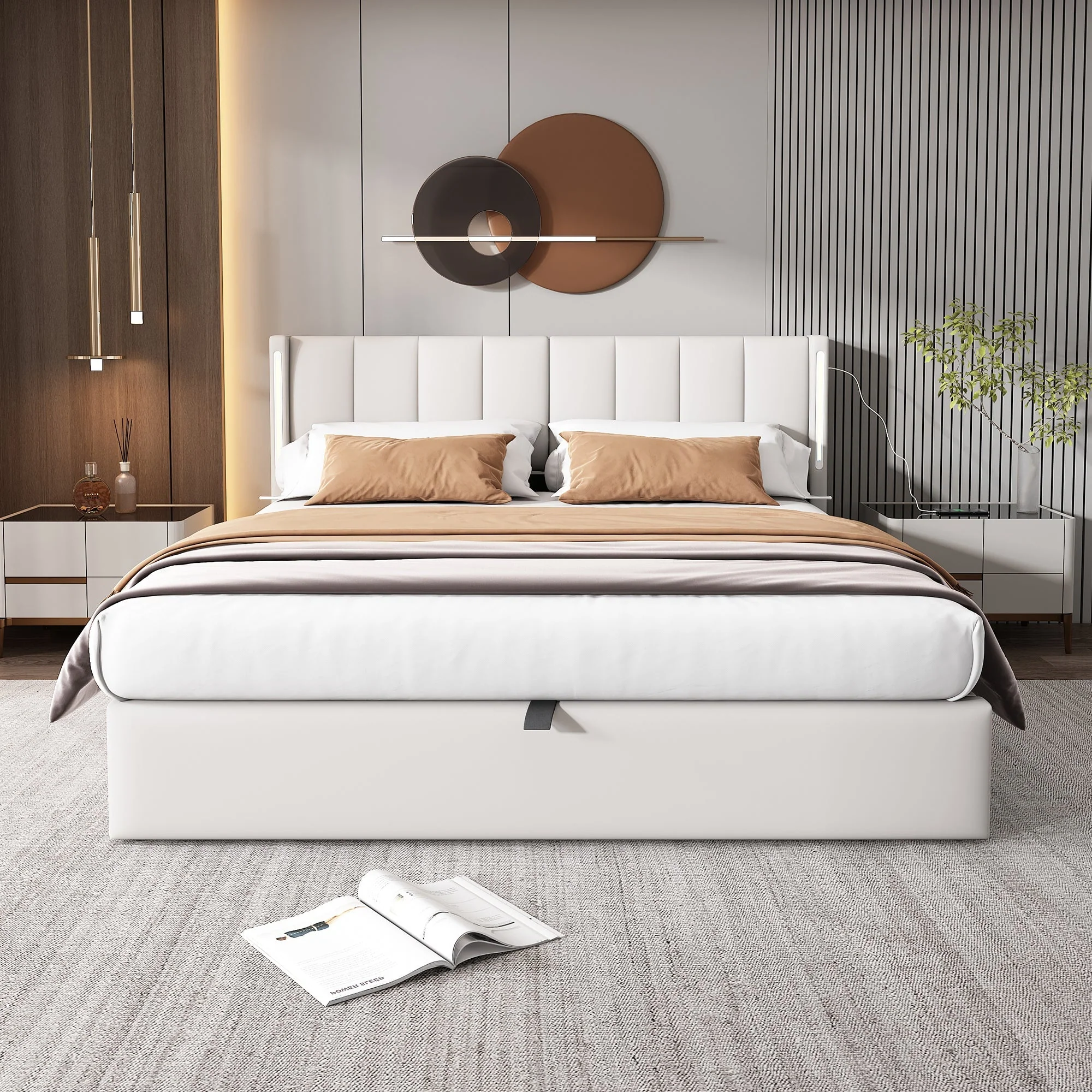 Binaural LED Upholstered Bed with Hydraulic Storage, USB Port and Adjustable Headboard, 180x200cm, White PU Pebble - Image 2