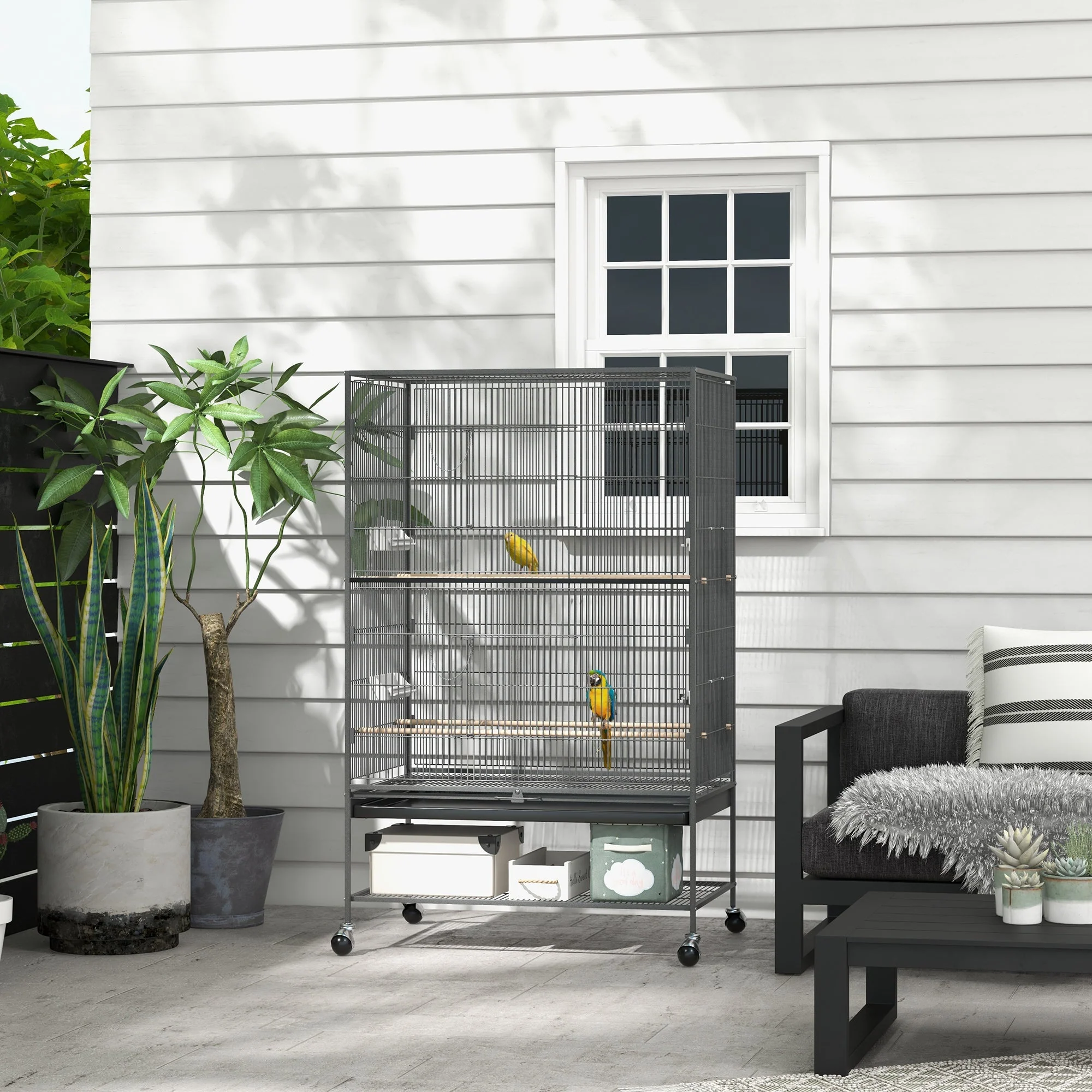 Bird Cage Aviary, Perches, Shelf, Doors, Wheels, Grey