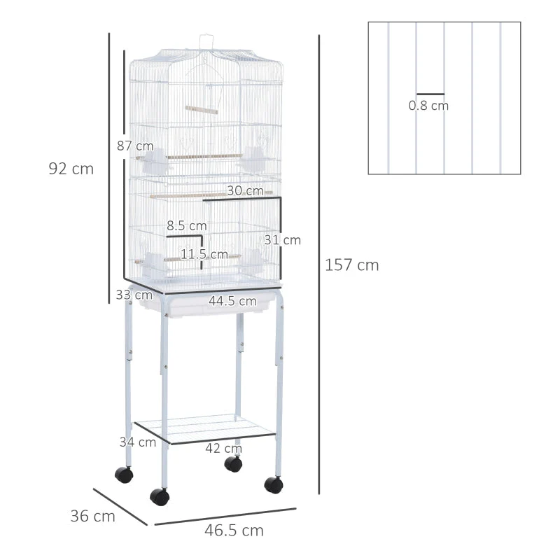 Bird Cage with Stand Wheels Slide-out Tray Storage Shelf, White - Image 3