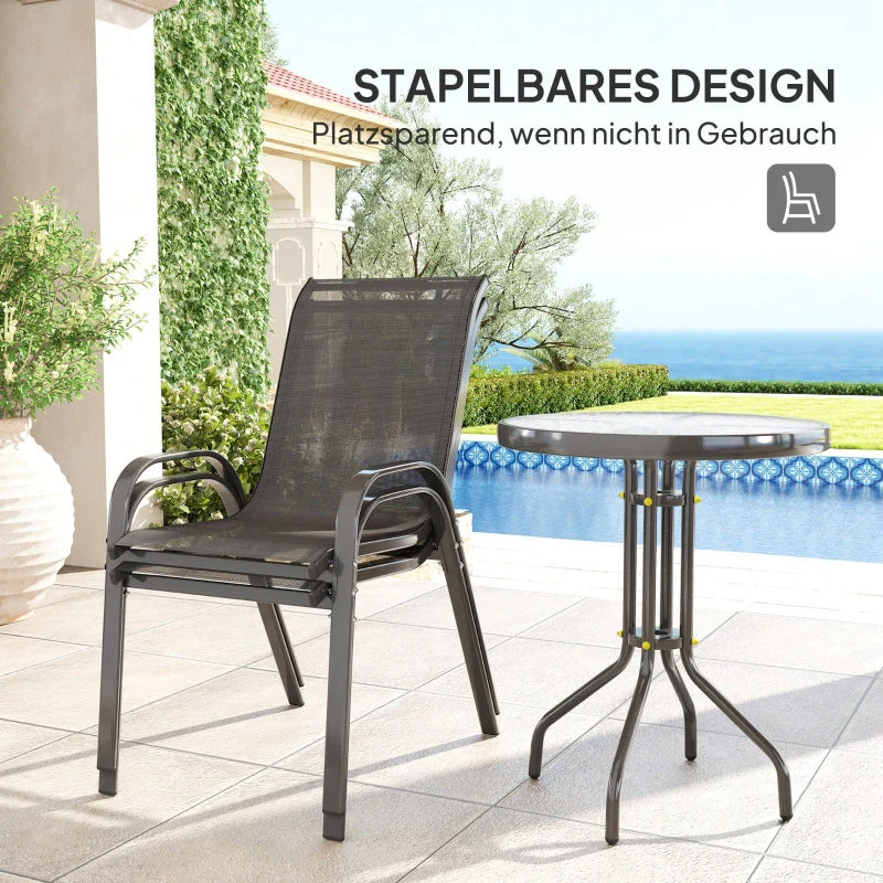 Bistro Set 3-Piece Weatherproof Glass Table Stackable Chairs - Black - Image 5