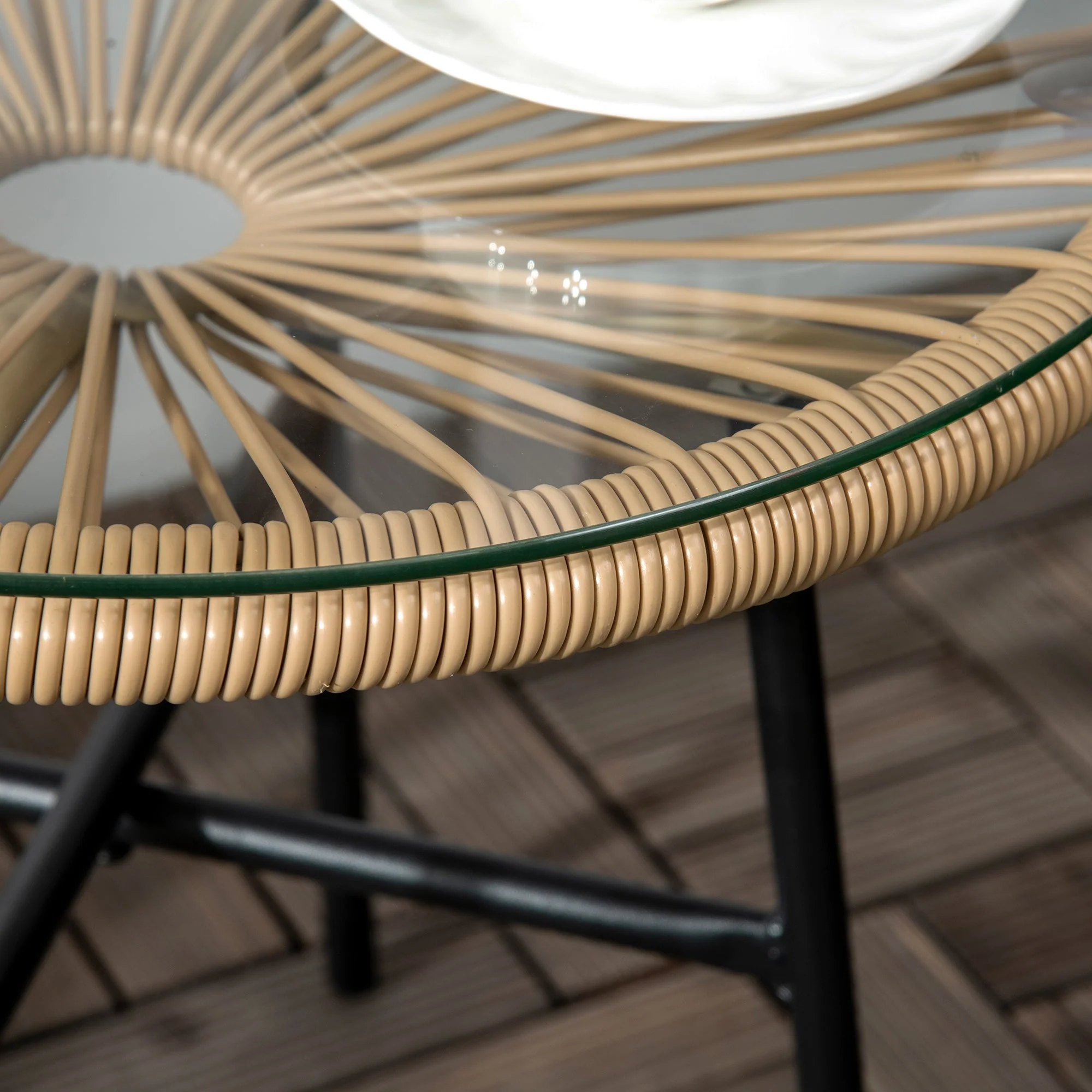Bistro Table, Round Garden Side Table 50cm, Rattan Black+Beige - Image 7