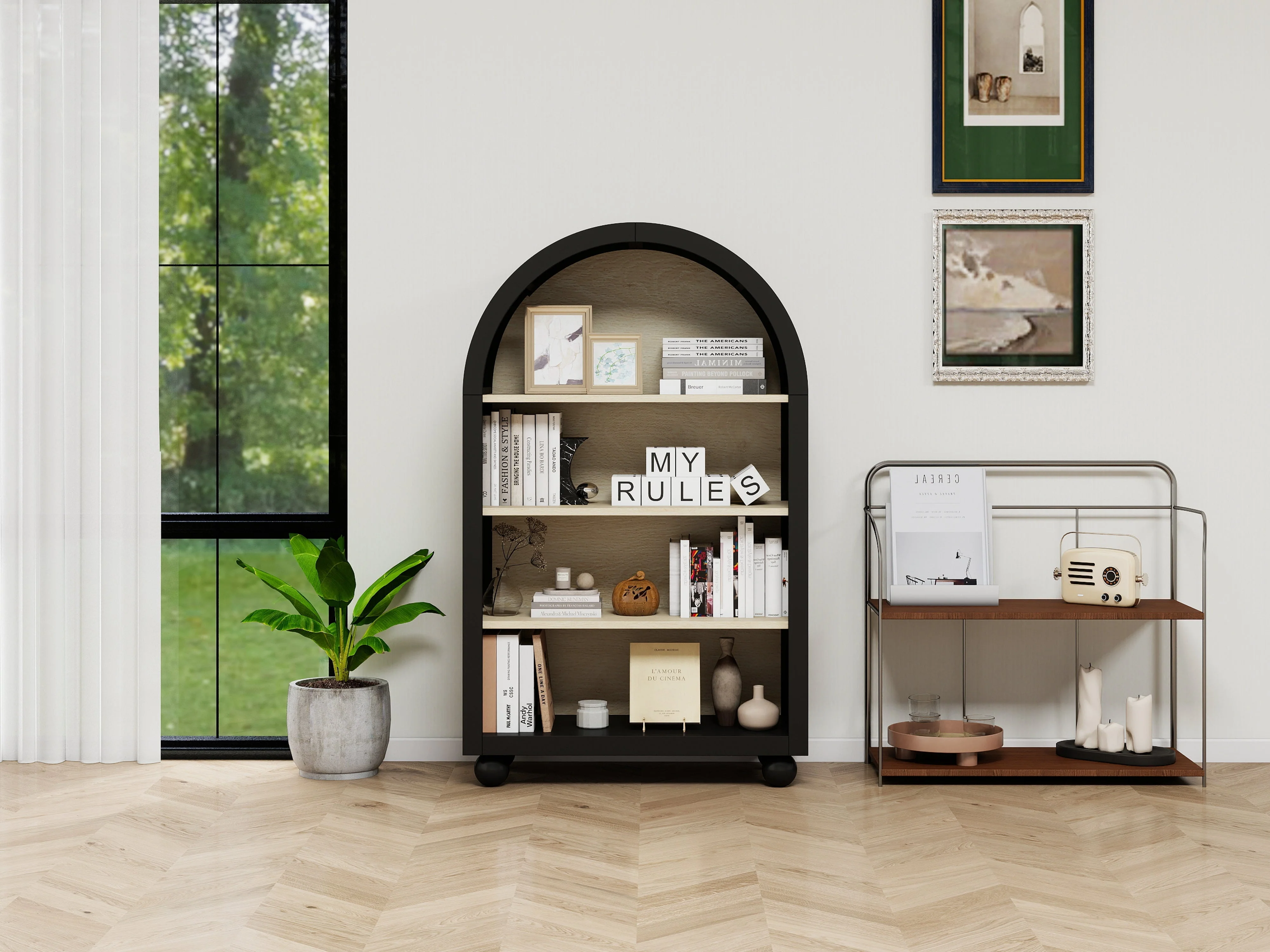 Black arched bookcase, 120cm high, four tiers, modern design - Image 2