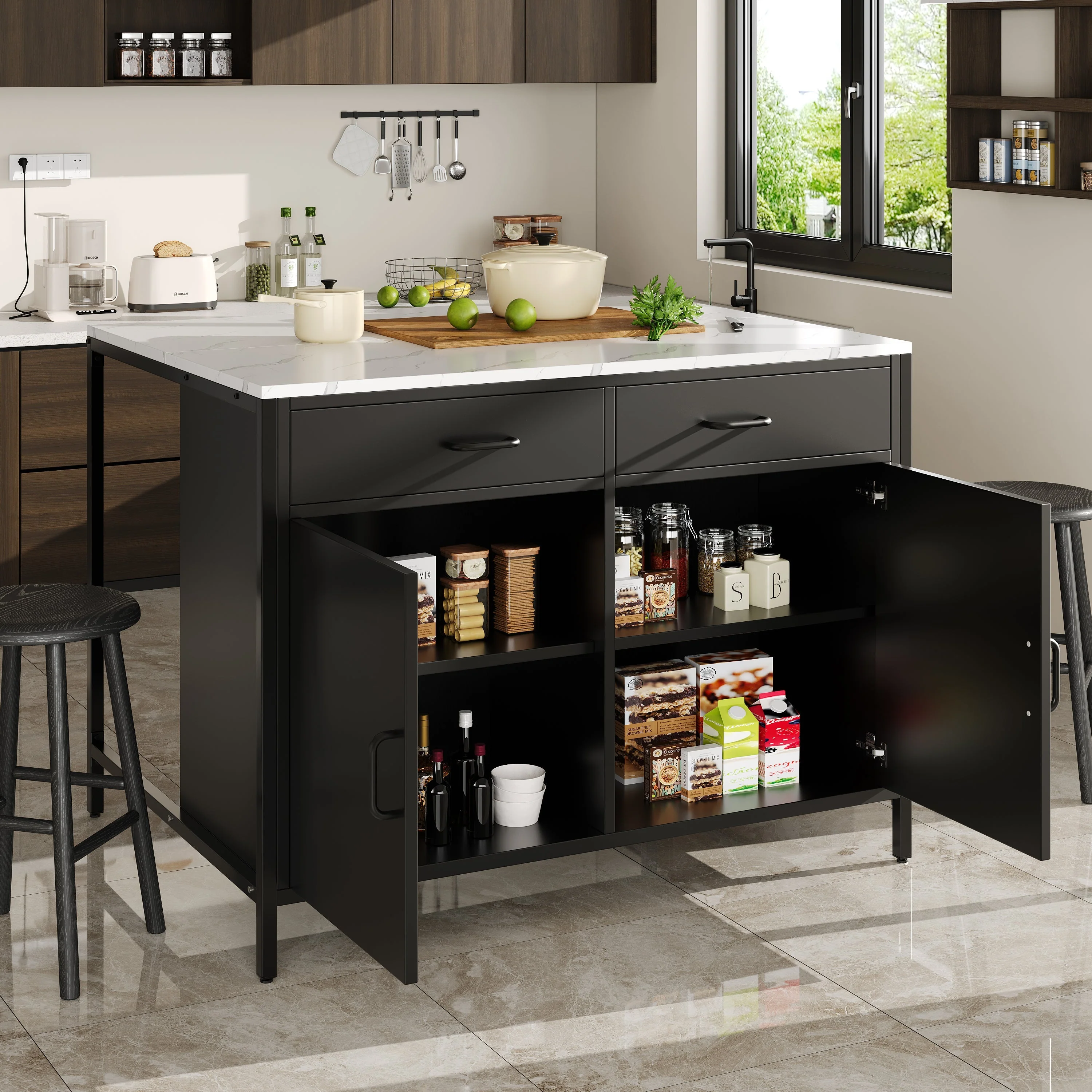 Black Bar Table with Marble Texture Tabletop and Adjustable Feet, MDF