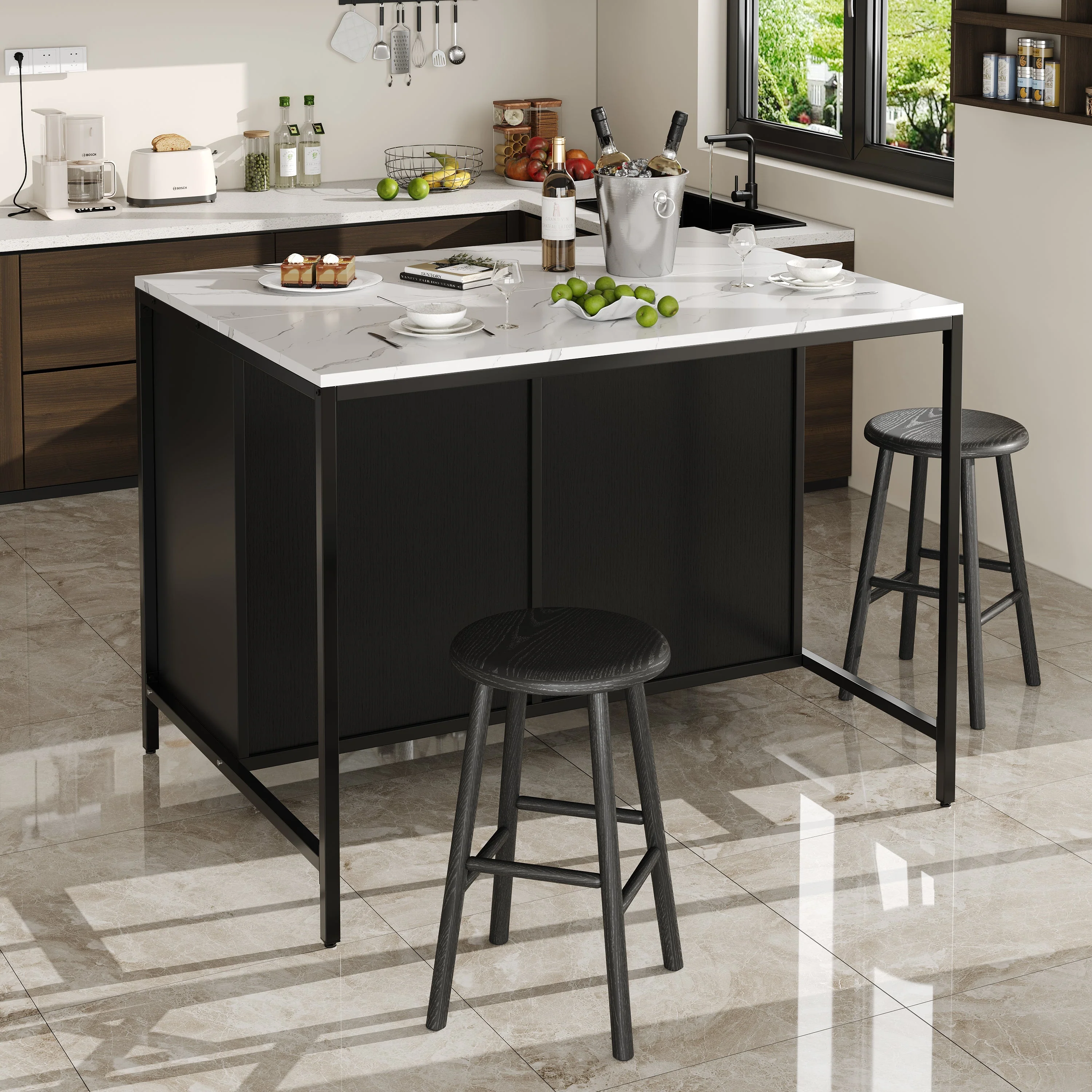 Black Bar Table with Marble Texture Tabletop and Adjustable Feet, MDF - Image 2