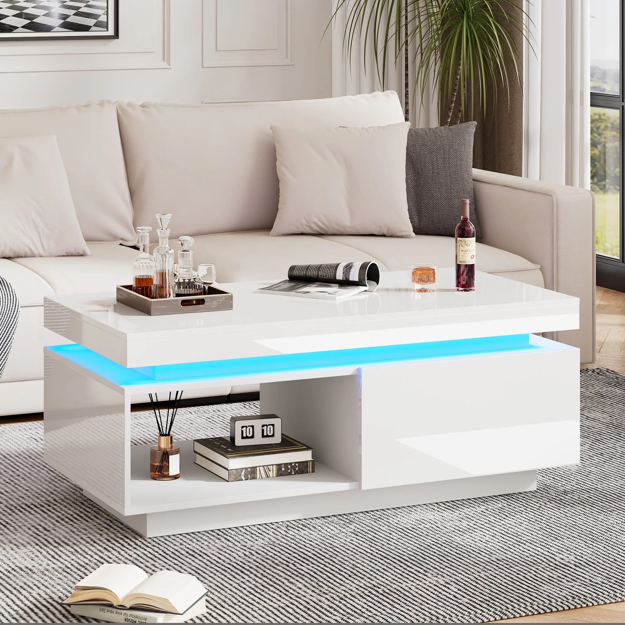 Black High-Gloss Coffee Table with Push-Pull Storage, Particle Board