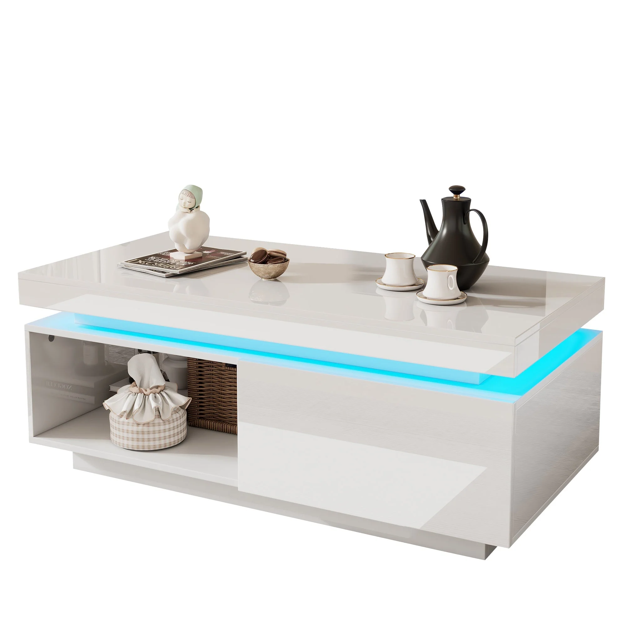 Black High-Gloss Coffee Table with Push-Pull Storage, Particle Board - Image 2