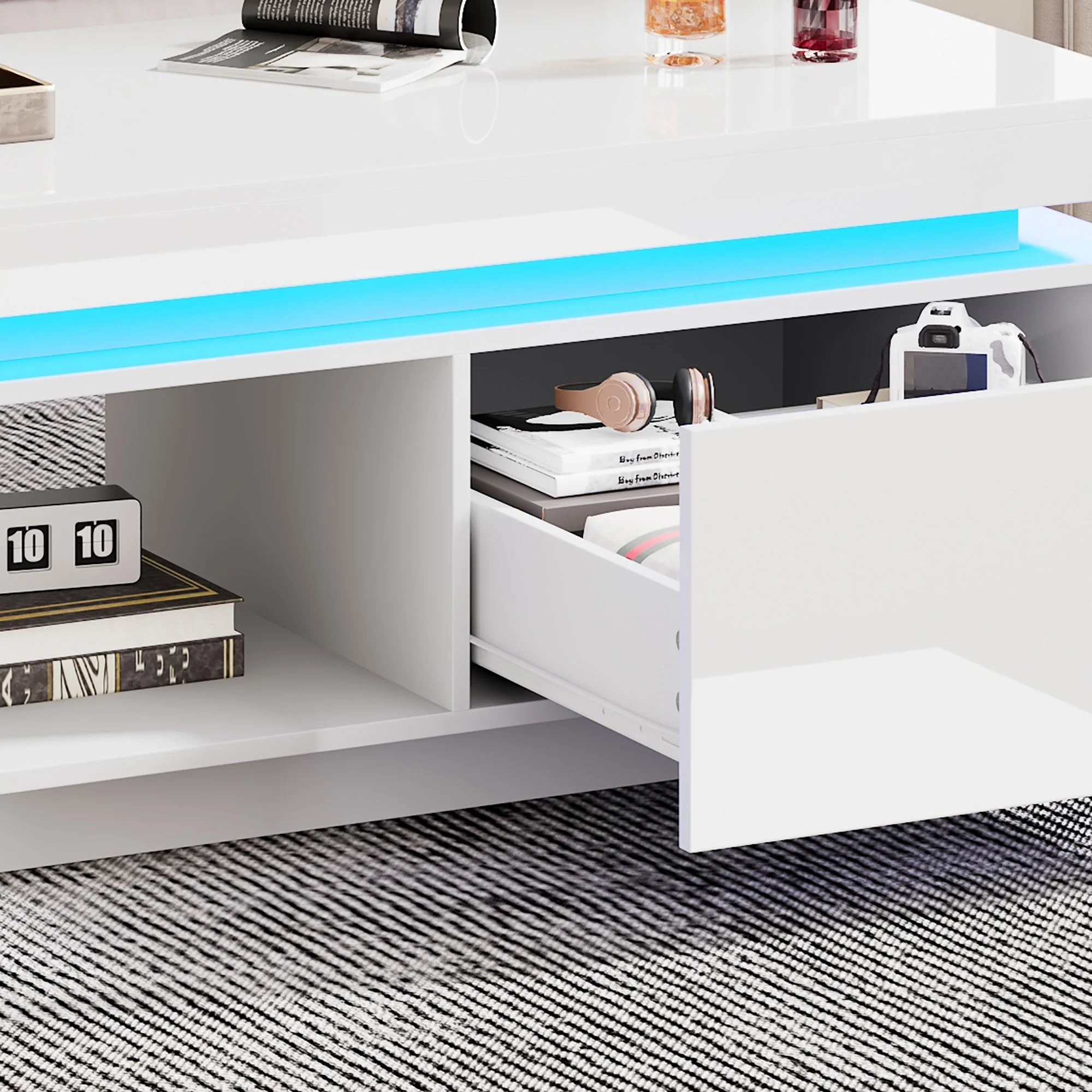 Black High-Gloss Coffee Table with Push-Pull Storage, Particle Board - Image 4