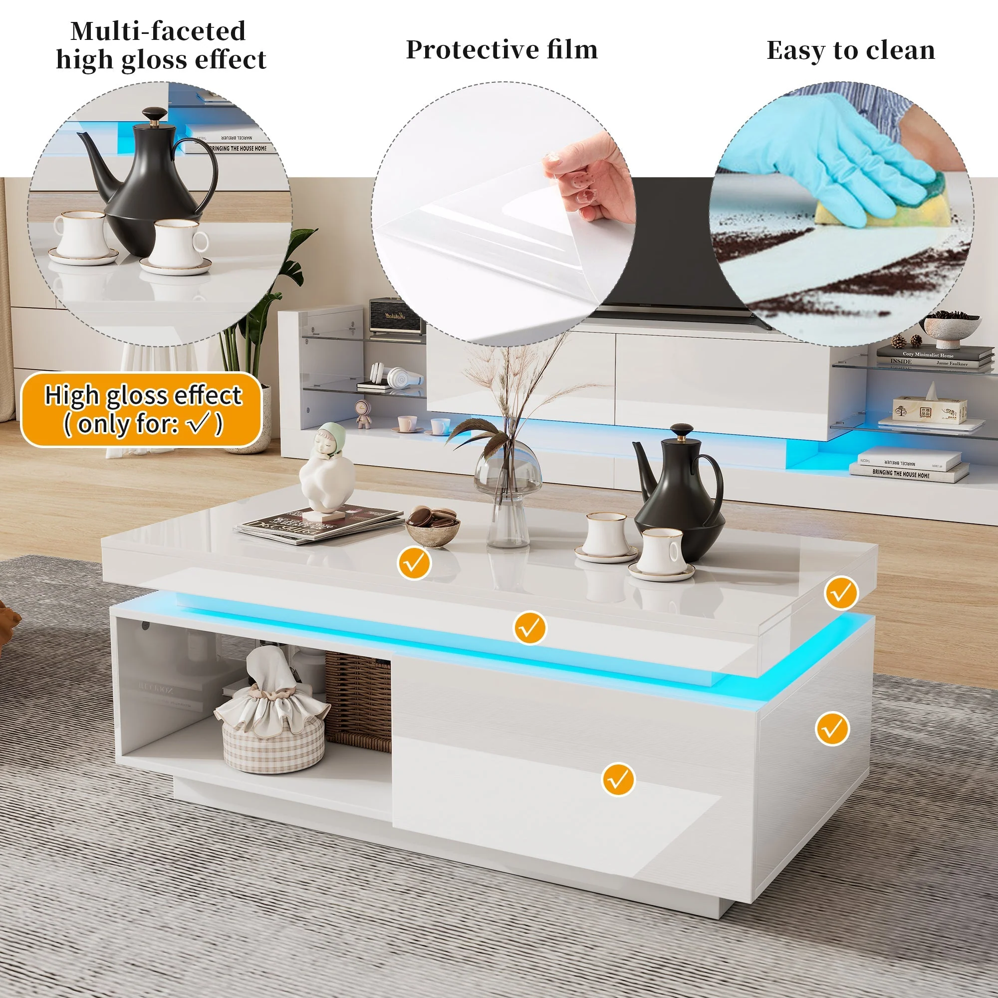 Black High-Gloss Coffee Table with Push-Pull Storage, Particle Board - Image 6