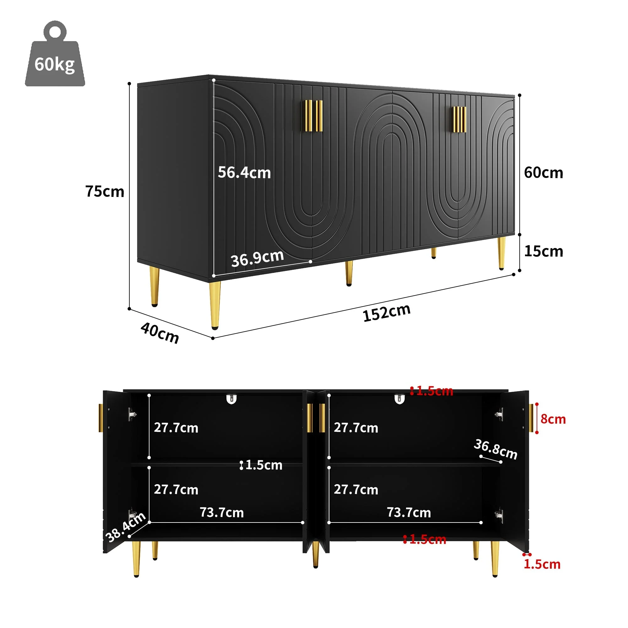 Black Sideboard, 152x40x75cm with Wave Design and Golden Handles, Black - Image 4