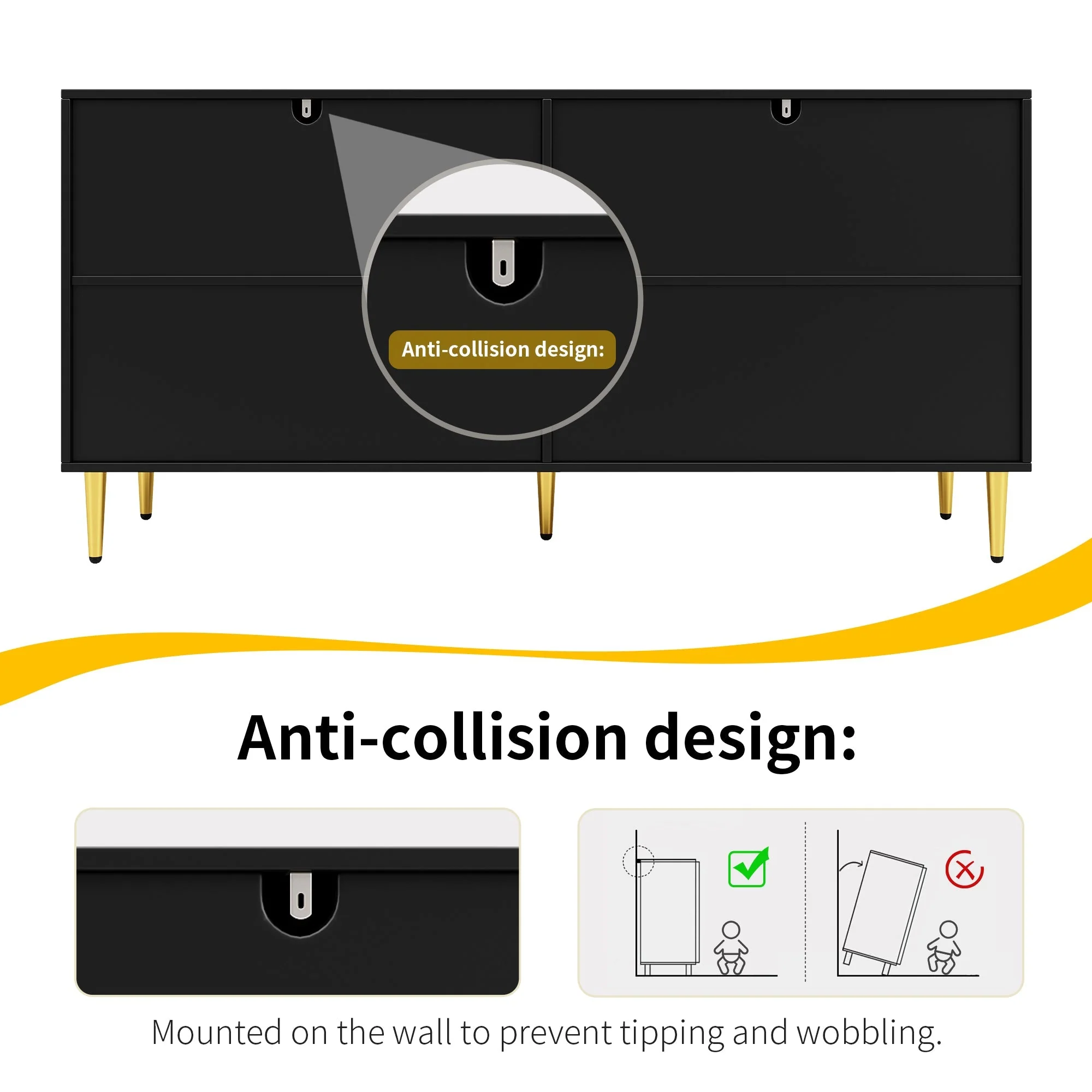 Black Sideboard, 152x40x75cm with Wave Design and Golden Handles, Black - Image 7