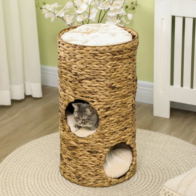 Boho Cat Cave, 3-Tier 3-Entrance with Cushion, Light Brown + Cream White - Image 7