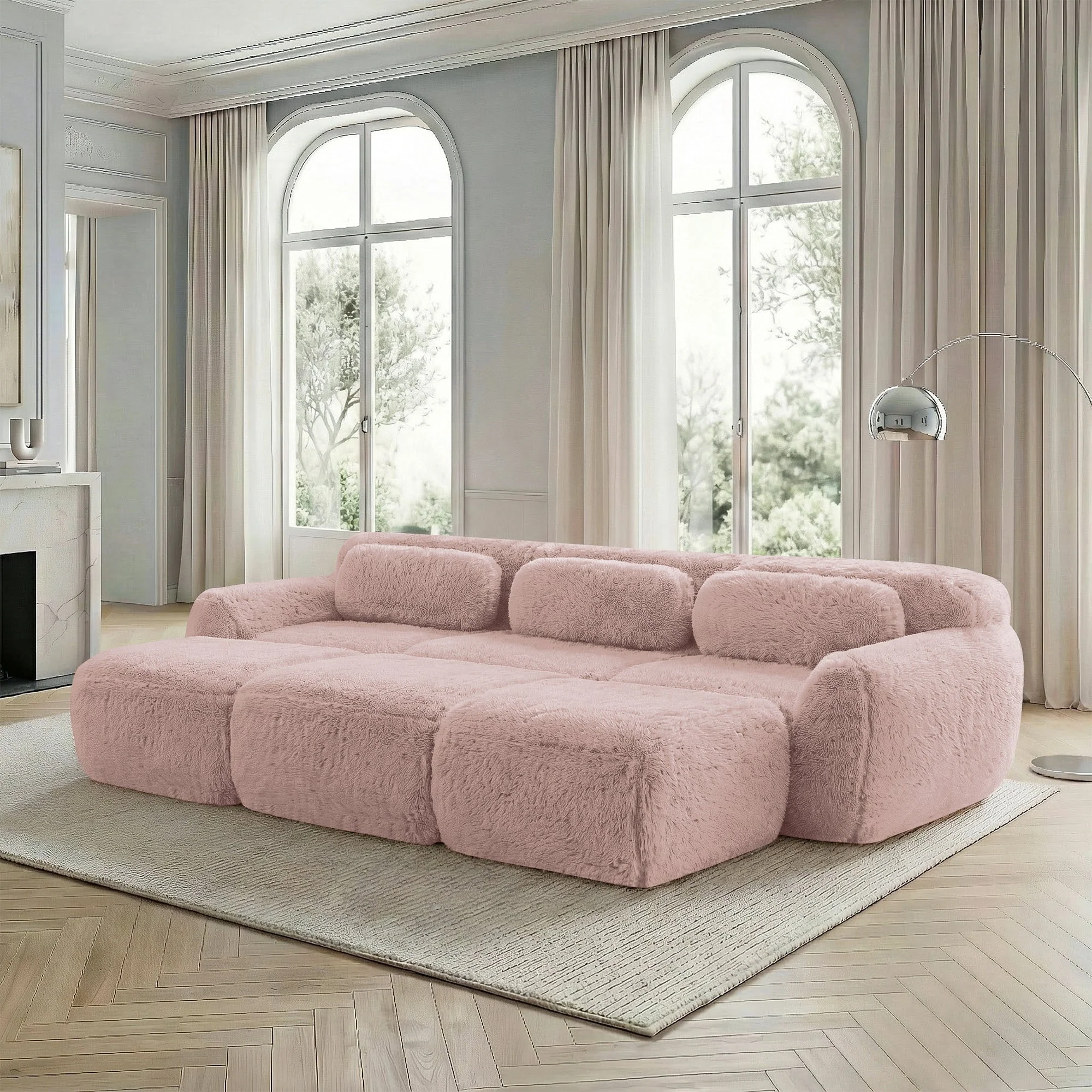 Boneless Cloud Sofas Modular Sleeper Sofa 3-Seater 3 Ottomans - Pink Plush