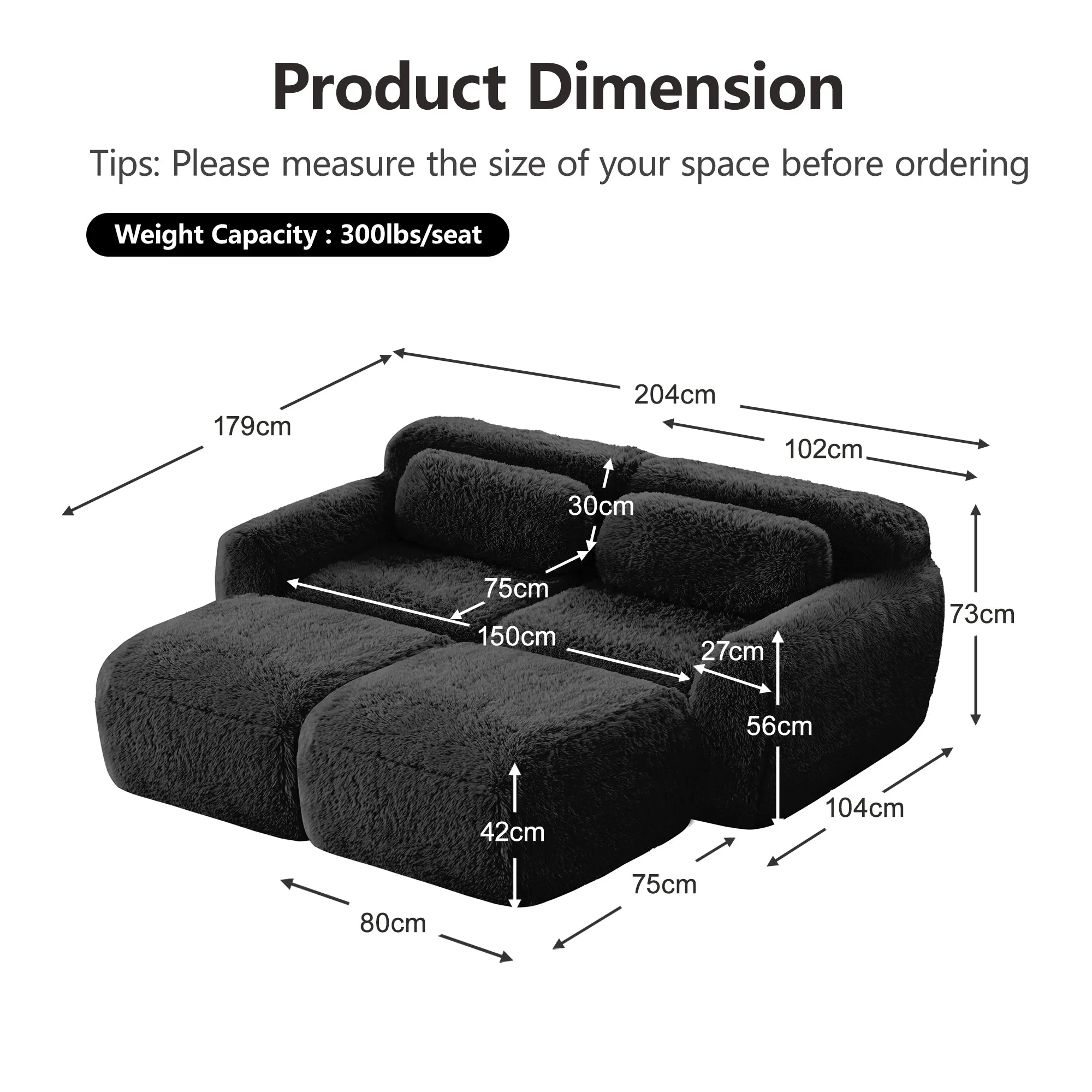 Boneless Cloud Sofas Modular Sleeper Sofa Two-Seater with 2 Ottomans No Assembly Plush Black - Image 7