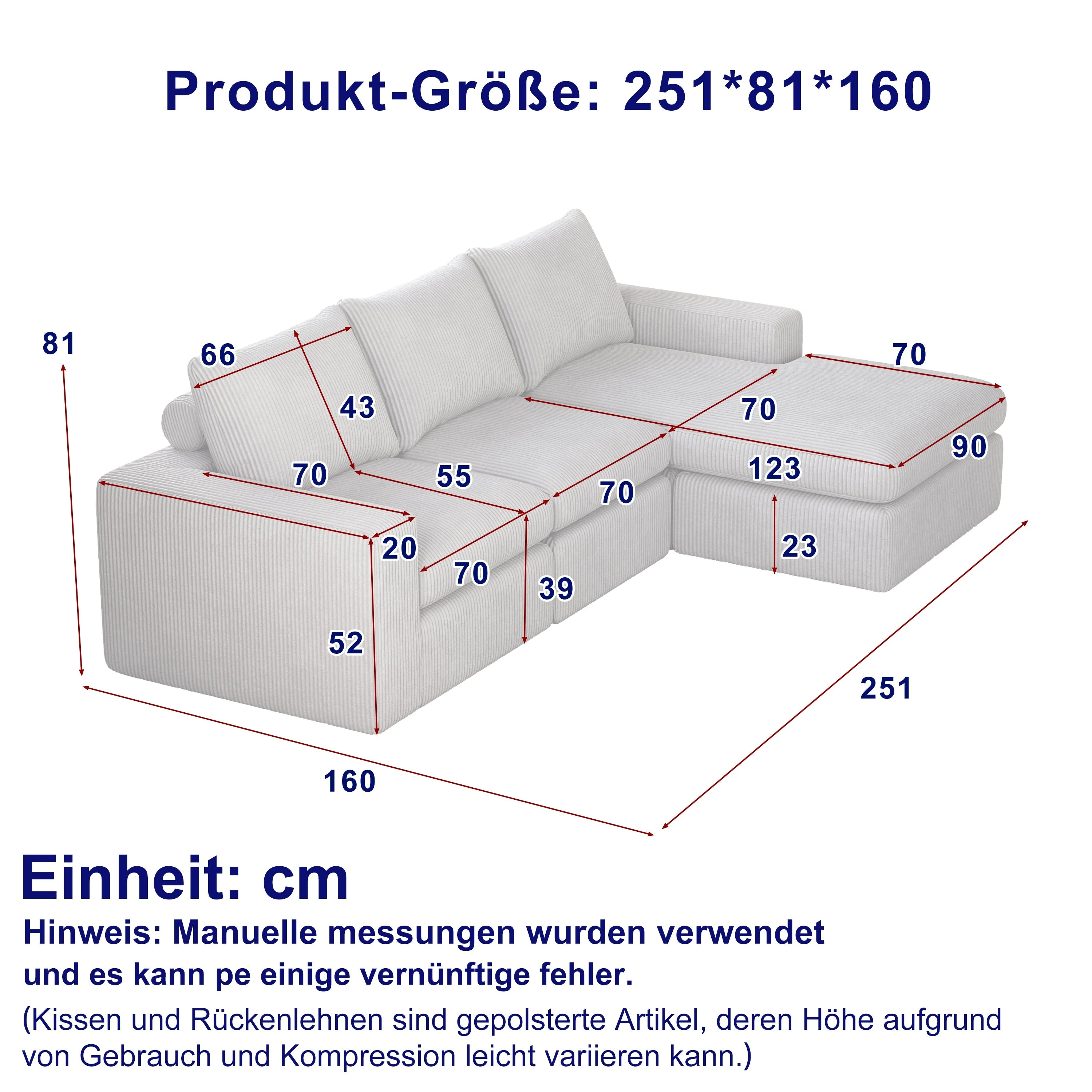 Boneless Couch L-Shaped Chaise 3 Cushions No Assembly - Corduroy - Image 2