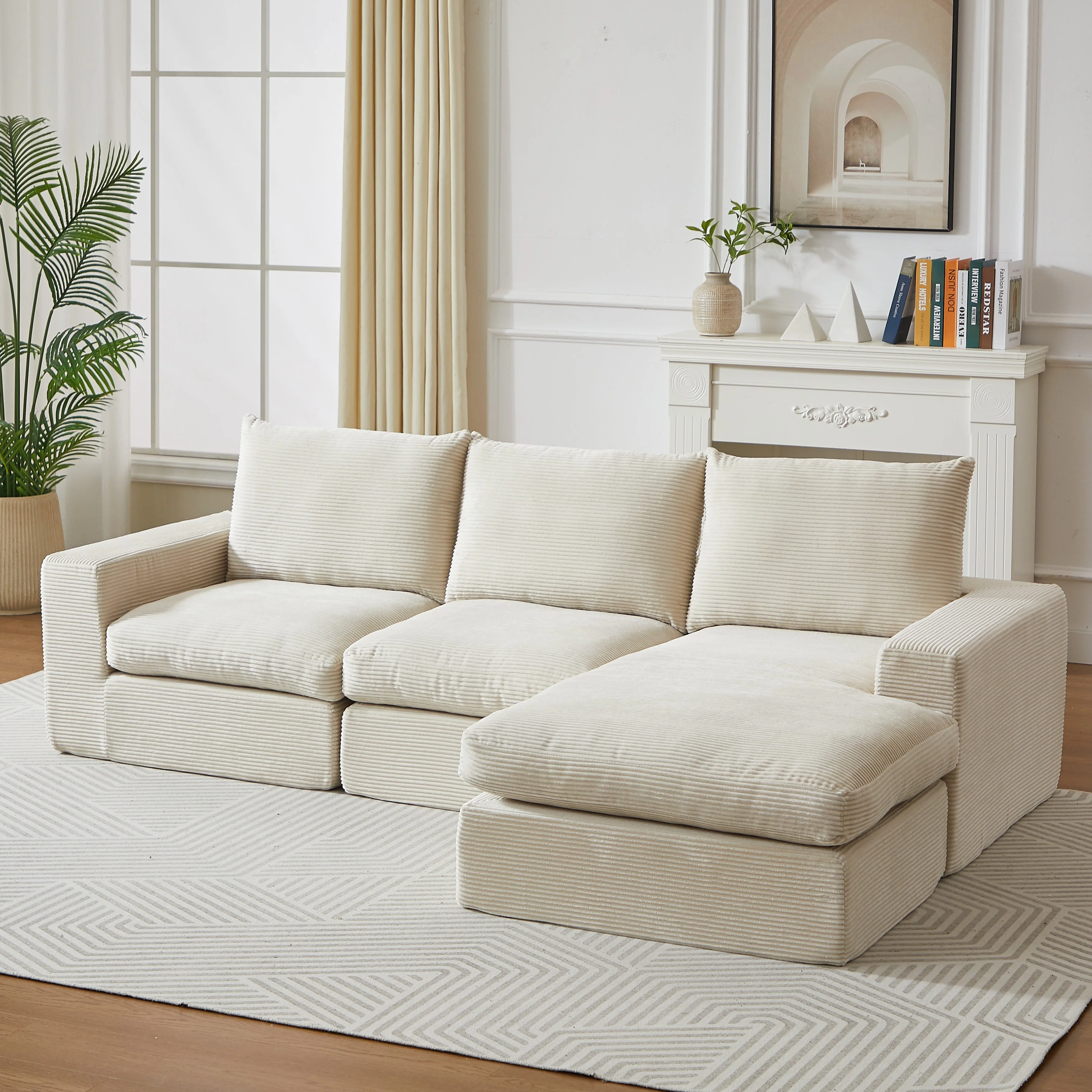 Boneless Couch L-Shaped Chaise 3 Cushions No Assembly - Corduroy - Image 4