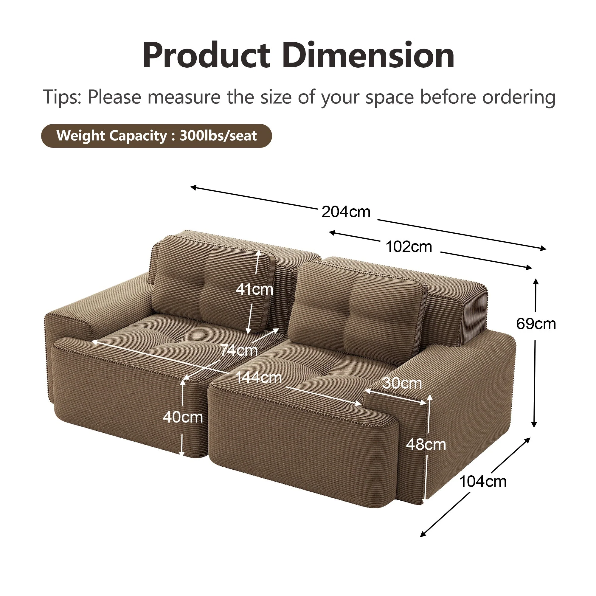 Boneless Modular Sofa Deep Seat Sleeper Loveseat - Brown Corduroy - Image 7