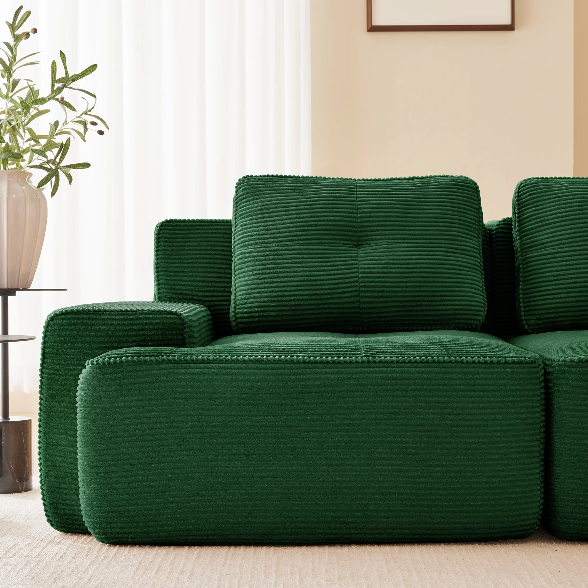 Boneless Modular Sofa L-Shaped Sleeper Ottoman Tufted - Corduroy Green - Image 9