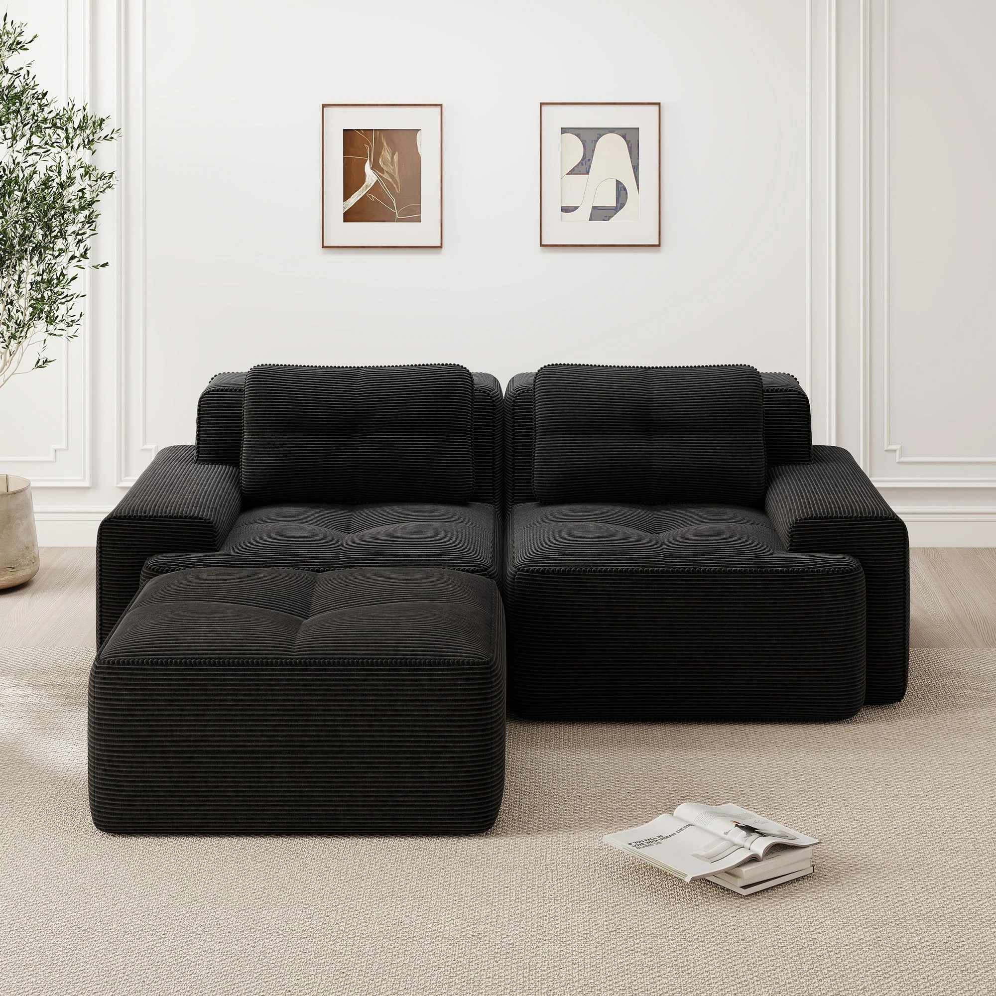 Boneless Modular Sofa L-Shaped Sleeper with Ottoman - Corduroy Black - Image 2