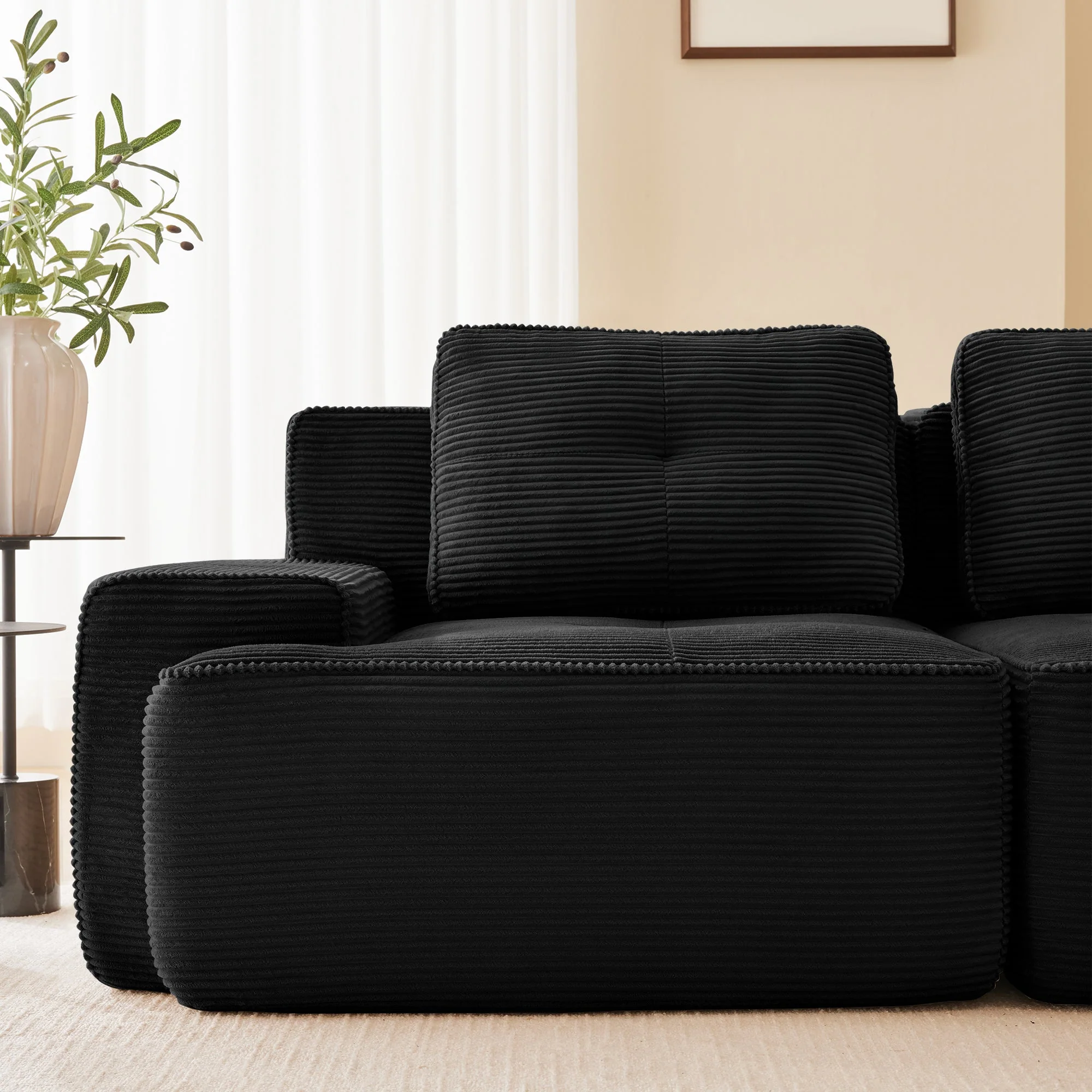 Boneless Modular Sofa L-Shaped Sleeper with Ottoman - Corduroy Black - Image 9