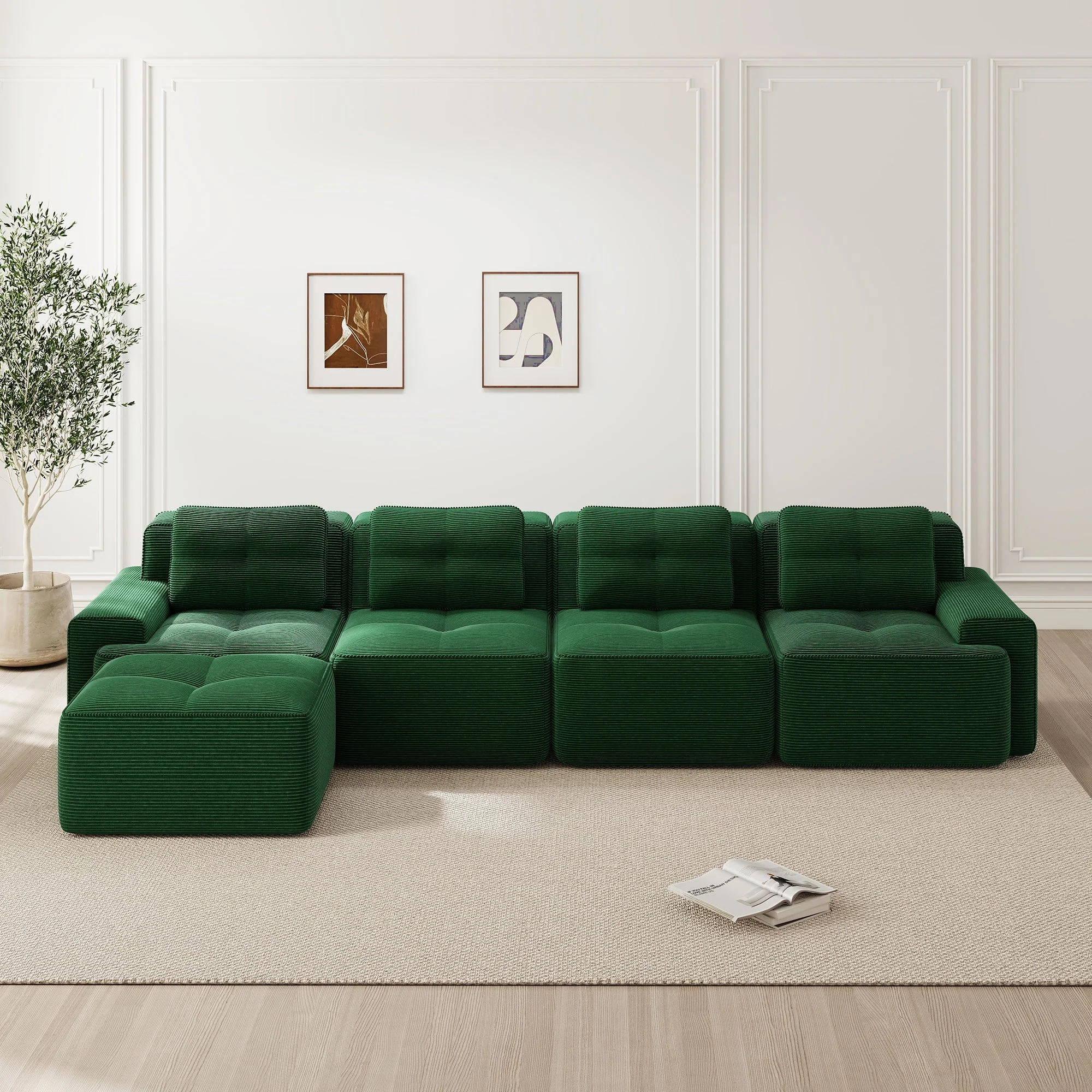 Boneless Sofa Modular L-Shaped Chaise Lounge 4-Seater Deep-Seat - Corduroy Green - Image 2
